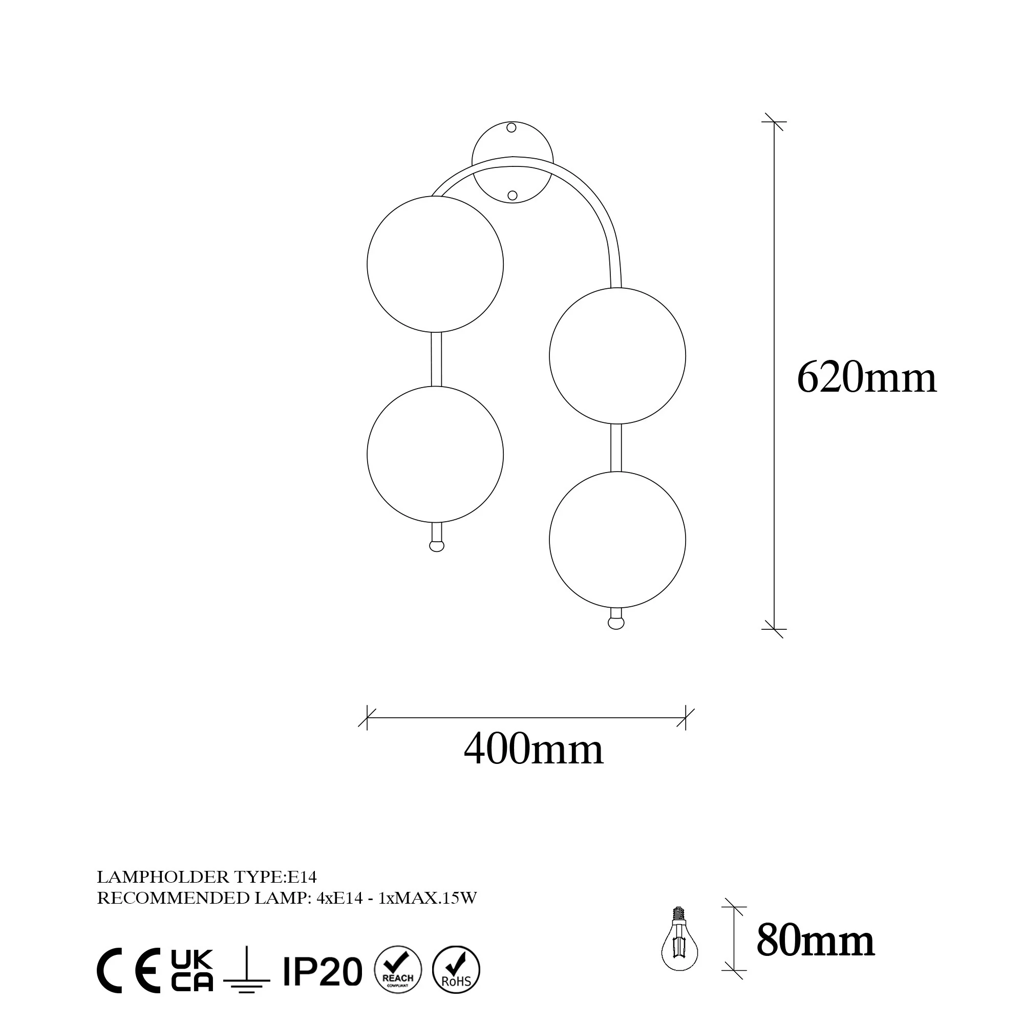 Aplique De Pared Curvo, 4 Blancas, Metal , Oro Brillante, 40x26x62, Casquillo 4 X E14 Max 15 W - Image 2