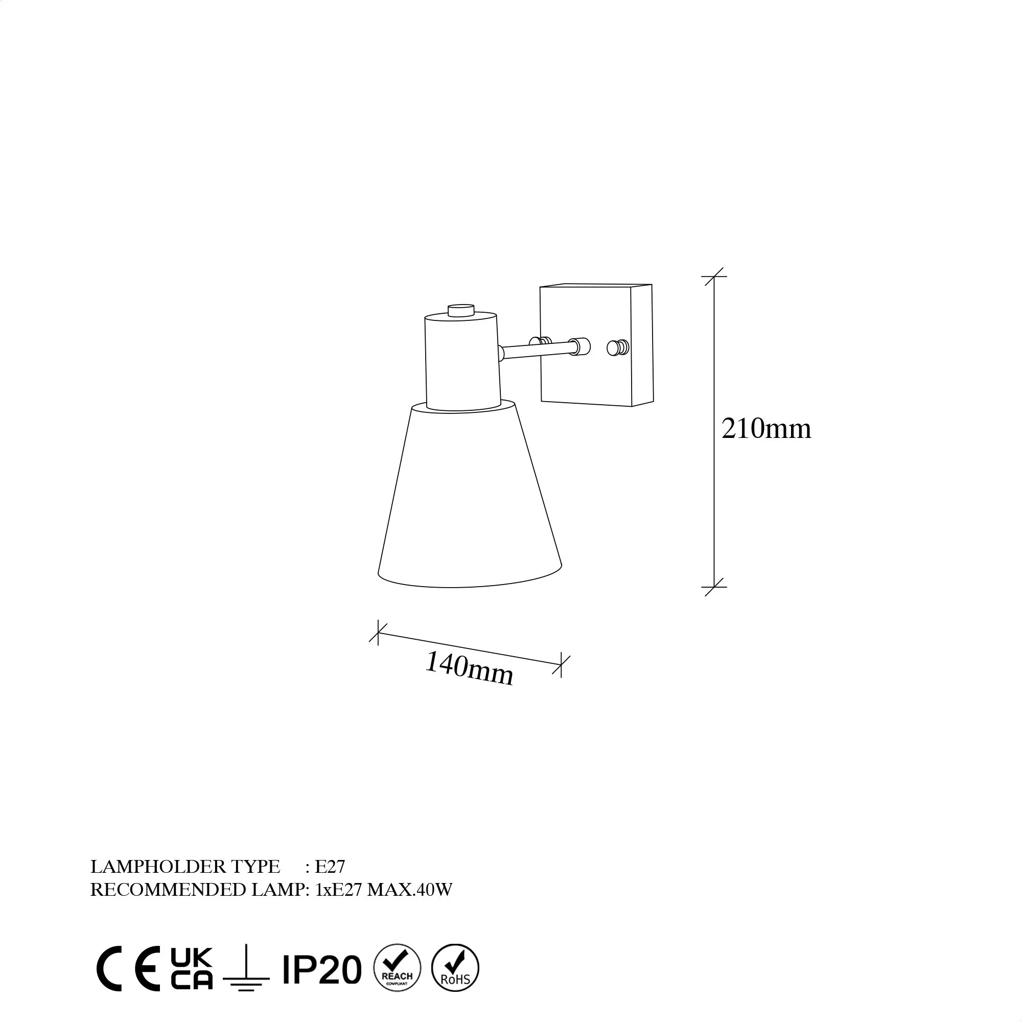 Aplique De Pared, Metal , Negro, 14x24x21, Casquillo E27 Max 40 W - Image 2