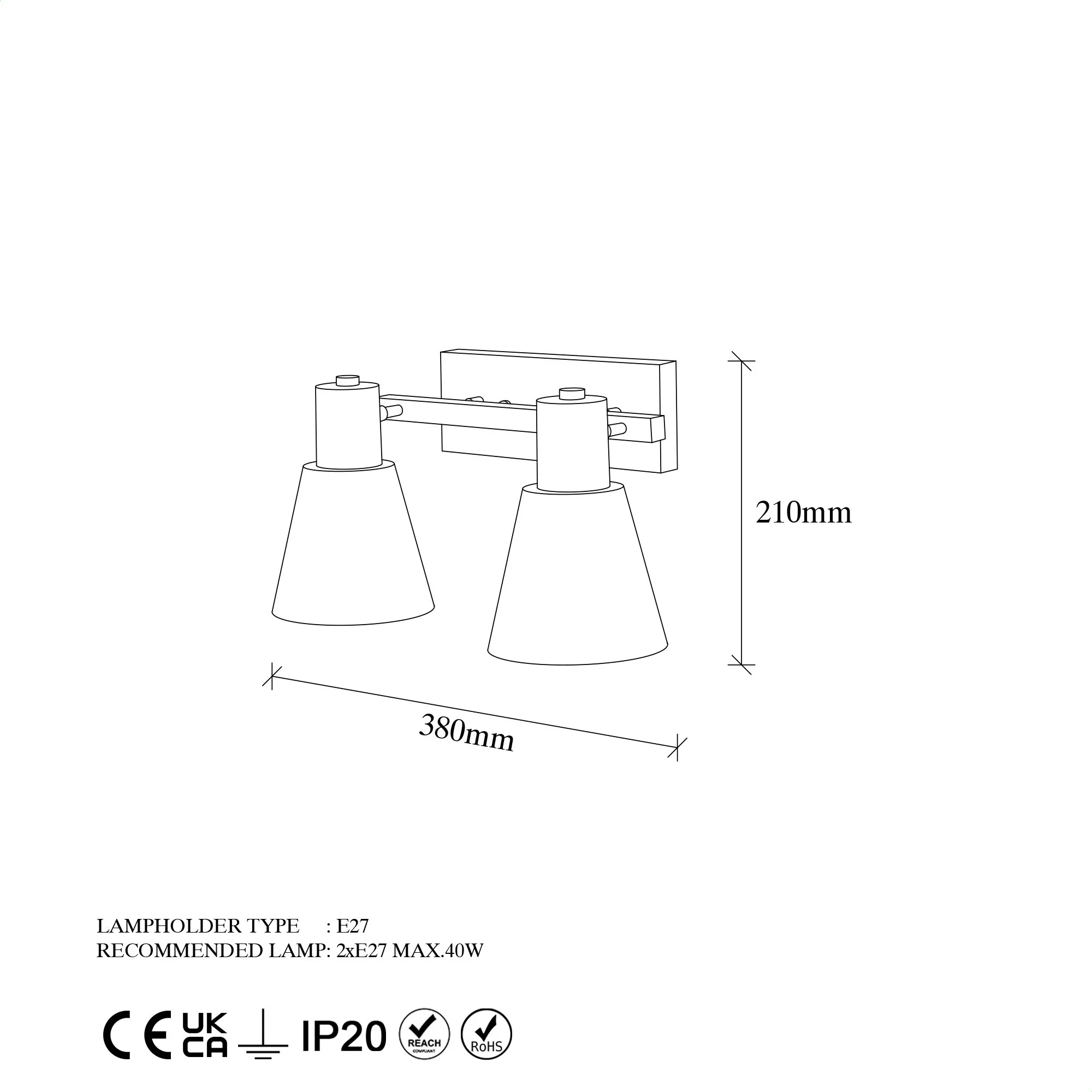 Aplique De Pared, Metal , Negro, 38x21x21, Casquillo 2 X E27 Max 40 W - Image 2