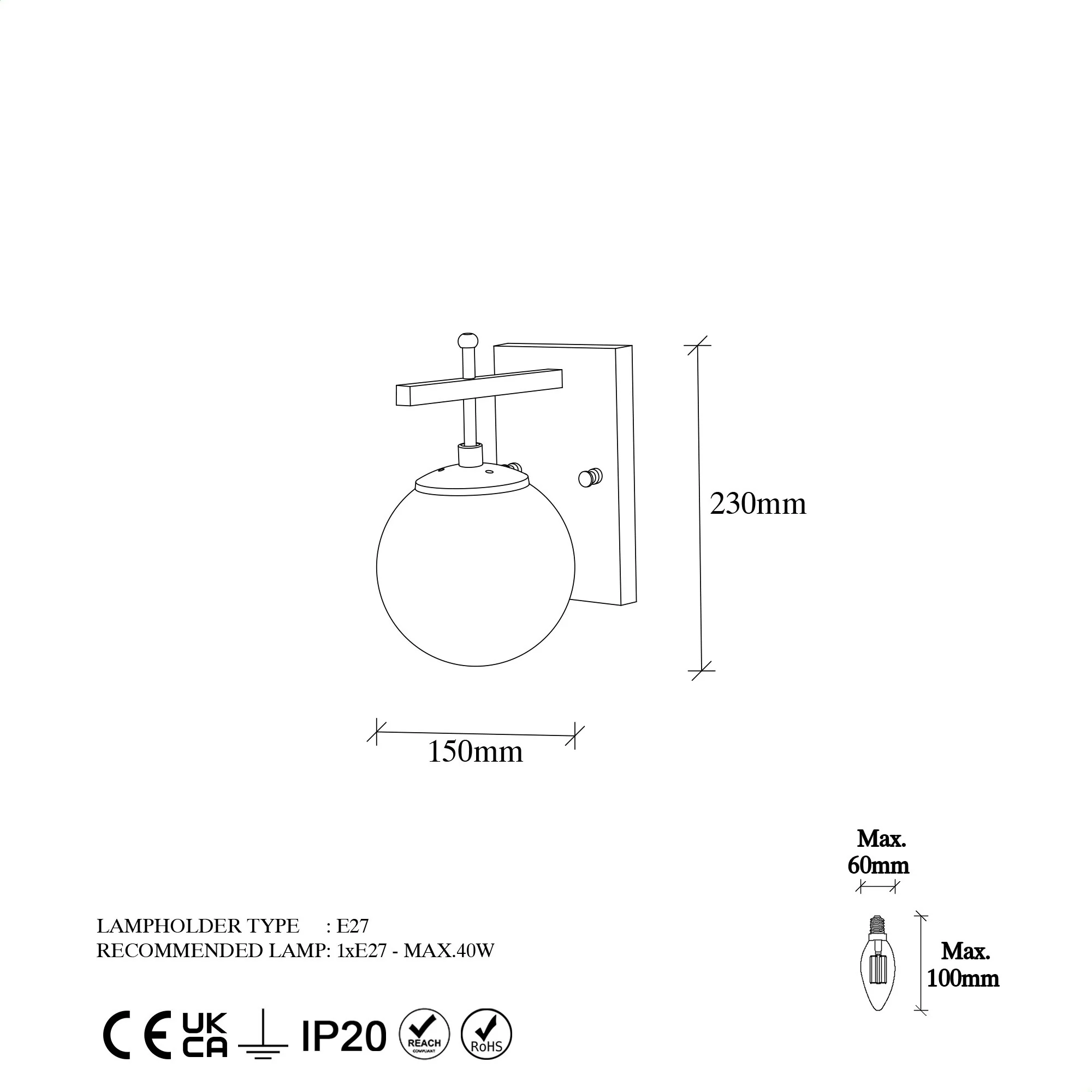 Aplique De Pared Pantalla Blanca, Metal , Negro, 15x20x15, Casquillo E14 Max 40 W - Image 2