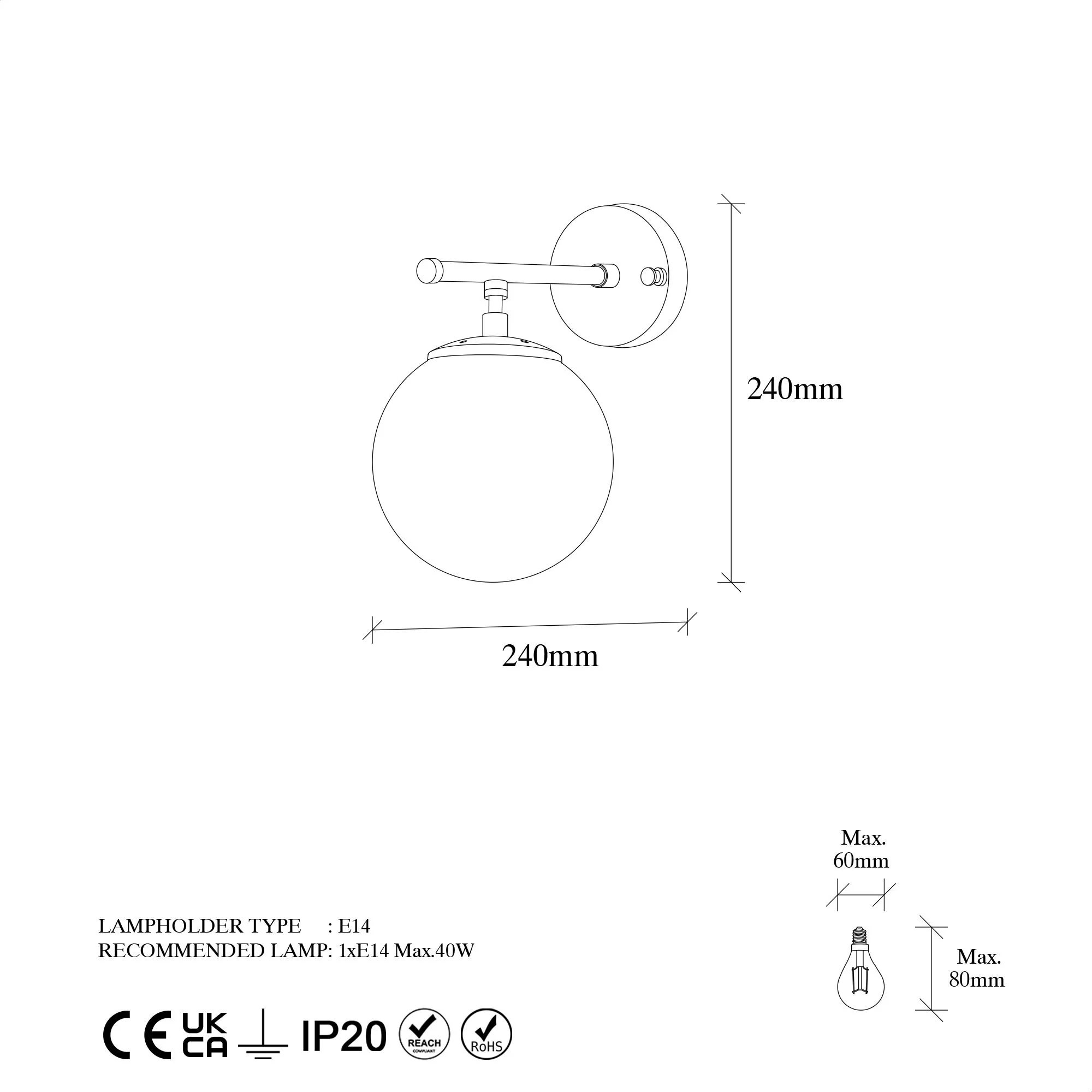 Aplique De Pared Pantalla Blanca, Metal , Negro, 15x24x24, Casquillo E14 Max 40 W - Image 2