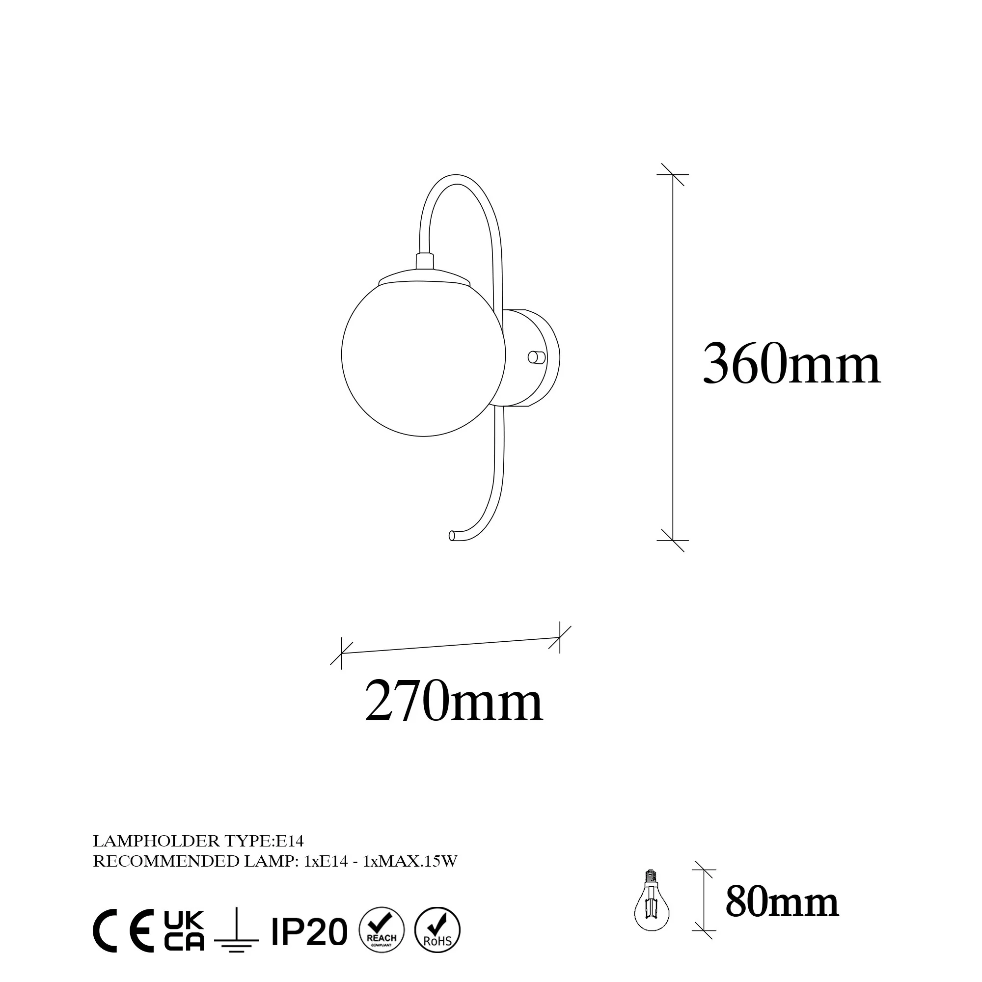 Aplique De Pared Pantalla Transparente, Metal , Negro, 15x27x36, Casquillo E14 Max 15 W - Image 2