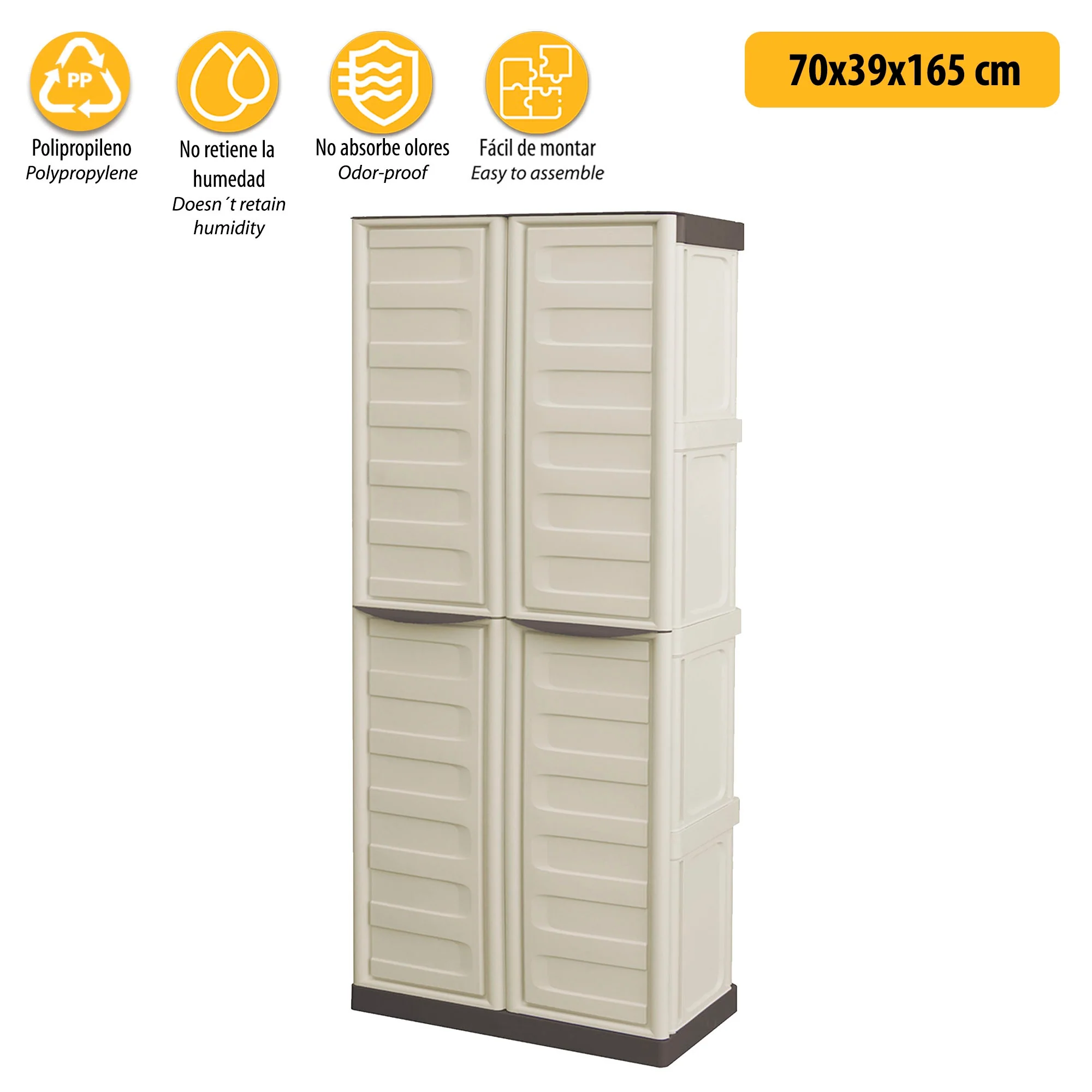 Armario De Altura Completa En Polipropileno, Color Marfil Y Taupe, L 700 X P 390 X H 1.650 Mm - Image 3