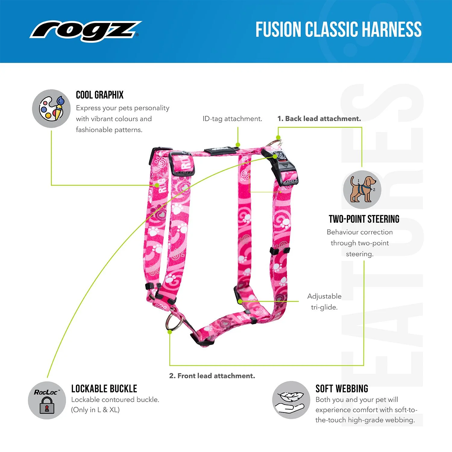 Arnés Para Perro, Modelo Fusion De Rogz, Estampado Graffiti Negro. Talla L (21-40kg) - Image 2