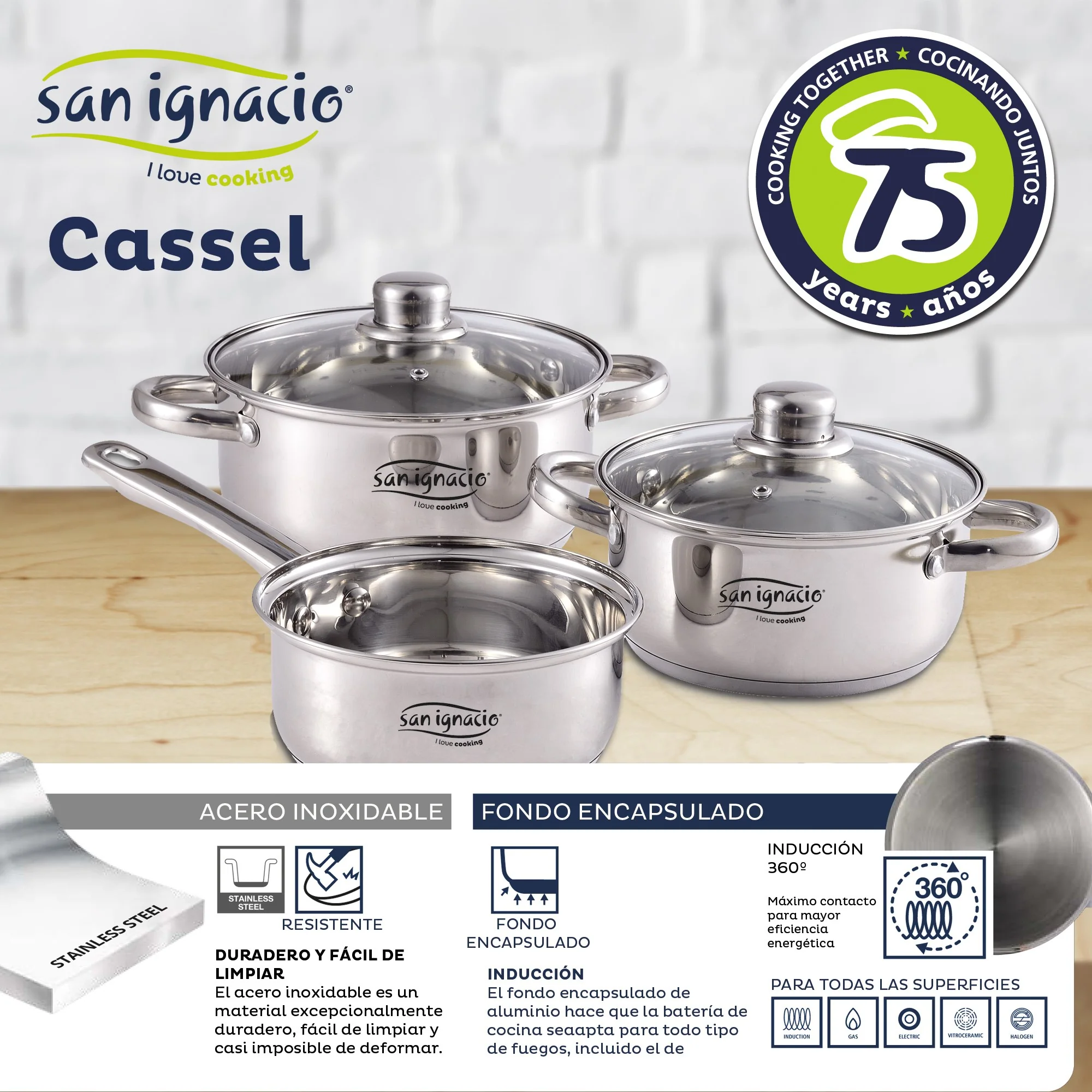 Bateria 5pcs Acero Inoxidable: Cazo Ø16x7,5 Cacerolas De Ø18x8,5 Y Ø20x9,5 Cms., Inducción, Colección Cassel - Image 3