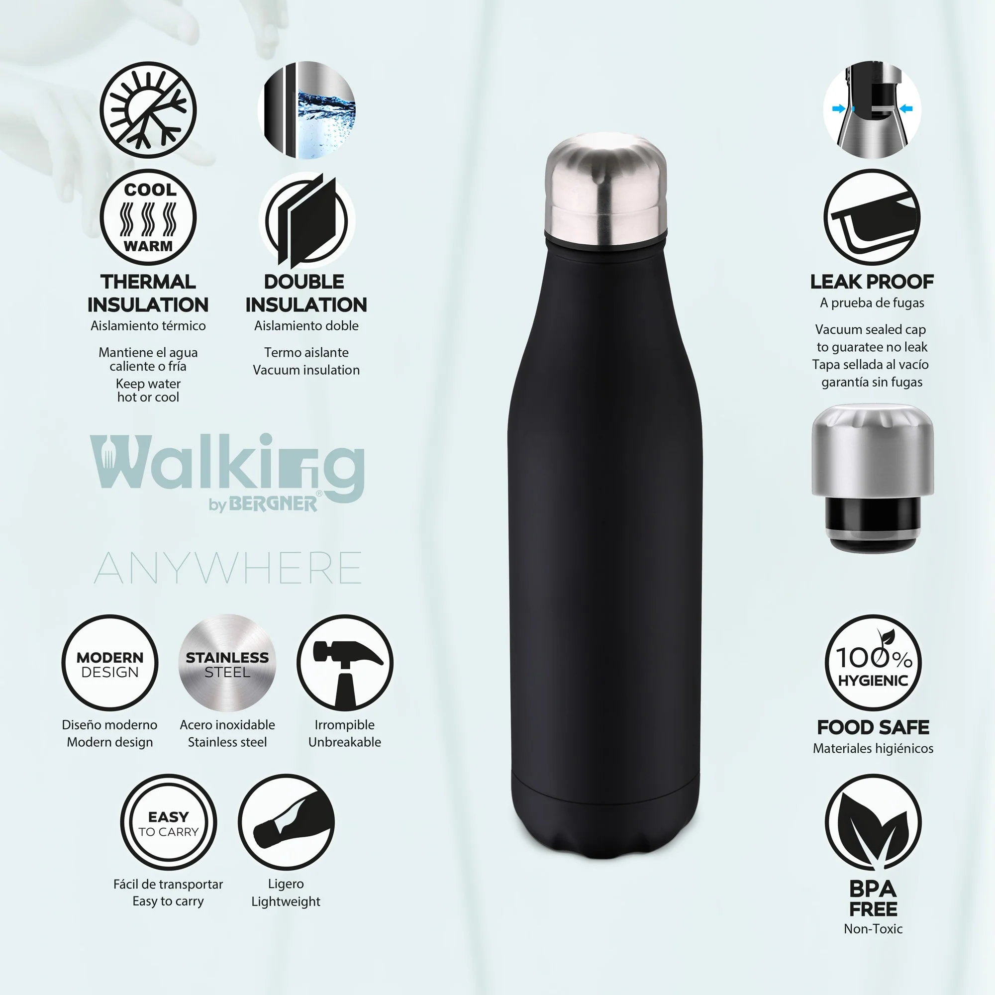 Botella Termo Cola 500ml Acero Inoxidable Negro Walking Anywhere - Image 4
