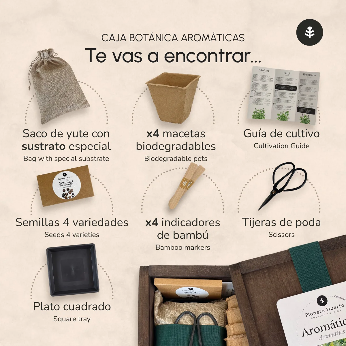 Kit de Cultivo de Aromáticas en Caja de Madera – Regalo Original Planeta Huerto - Image 3