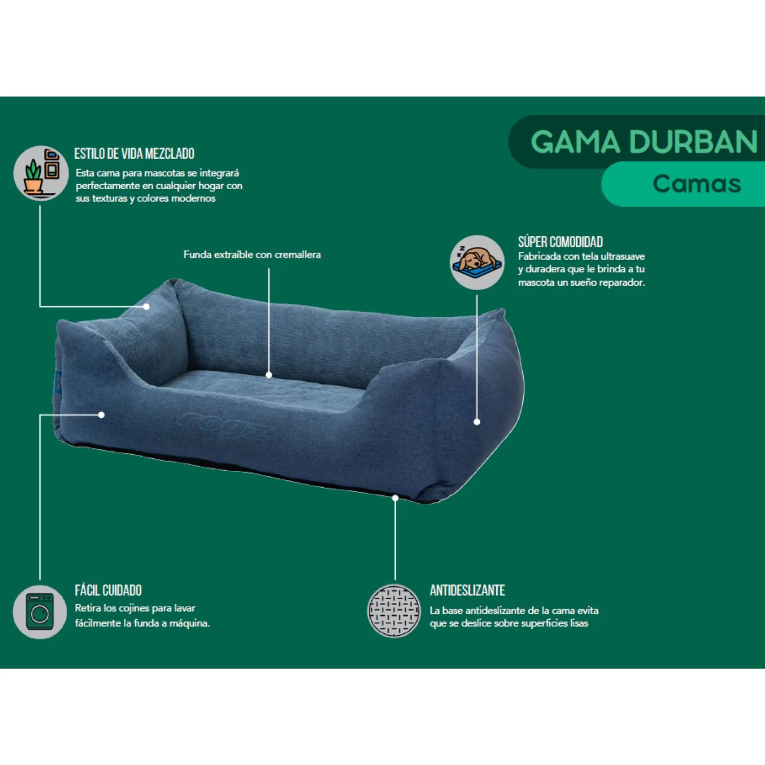 Cama Para Perro Rogz Durban 90x59x29cm Denim Gris Talla L (21-40kg) - Image 2