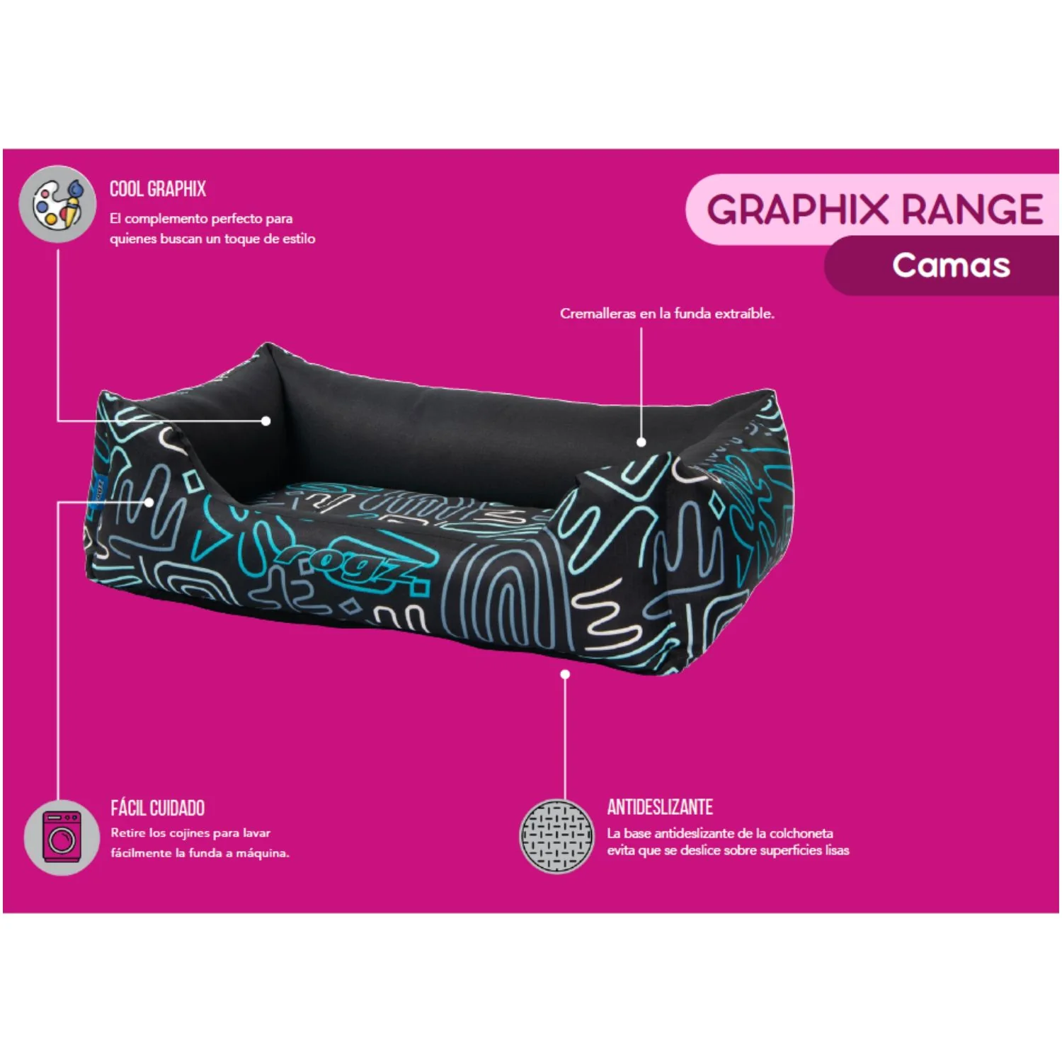 Cama Para Perro Rogz Graphix 56x35x22cm Estampado Doodle Talla S (8-14kg) - Image 2