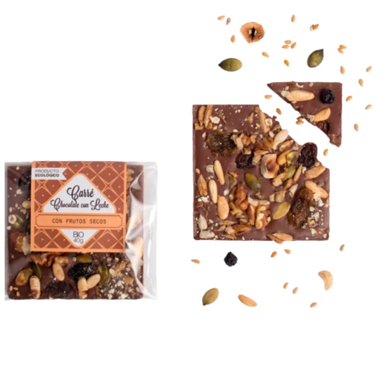 Carré Bio de chocolate con leche 39% cacao, con frutos secos y semillas