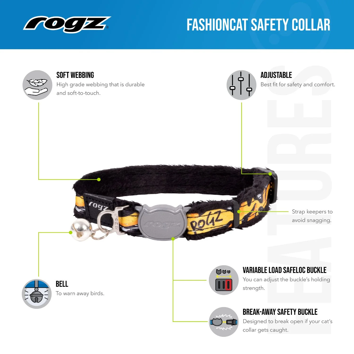 Collar Para Gato Fashioncat Estampado Amarillo Rogz Ajustable 20-31cm - Image 4