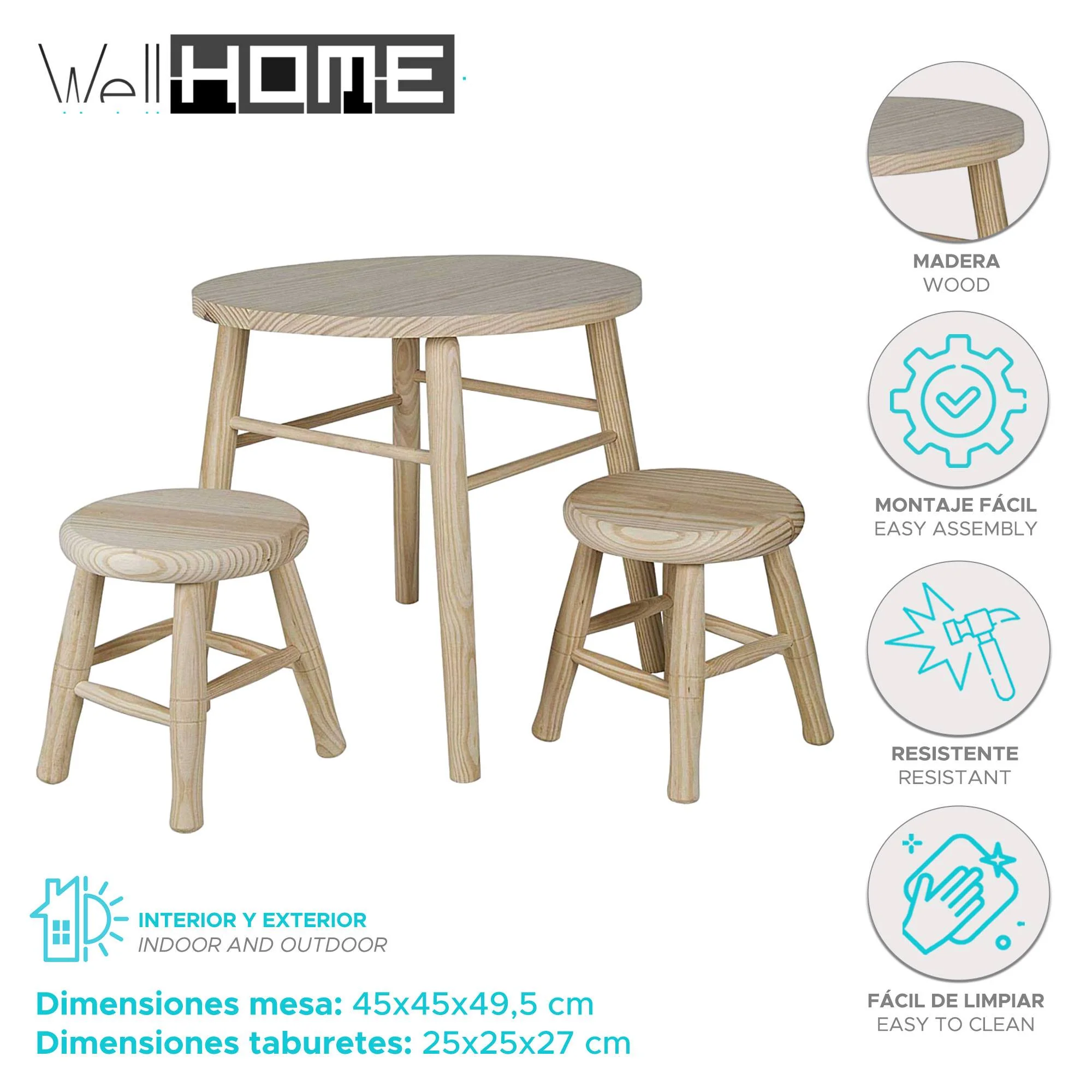 Conjunto Infantil Redondo Mesa Y 2 Taburetes En Madera De Pino - Image 2