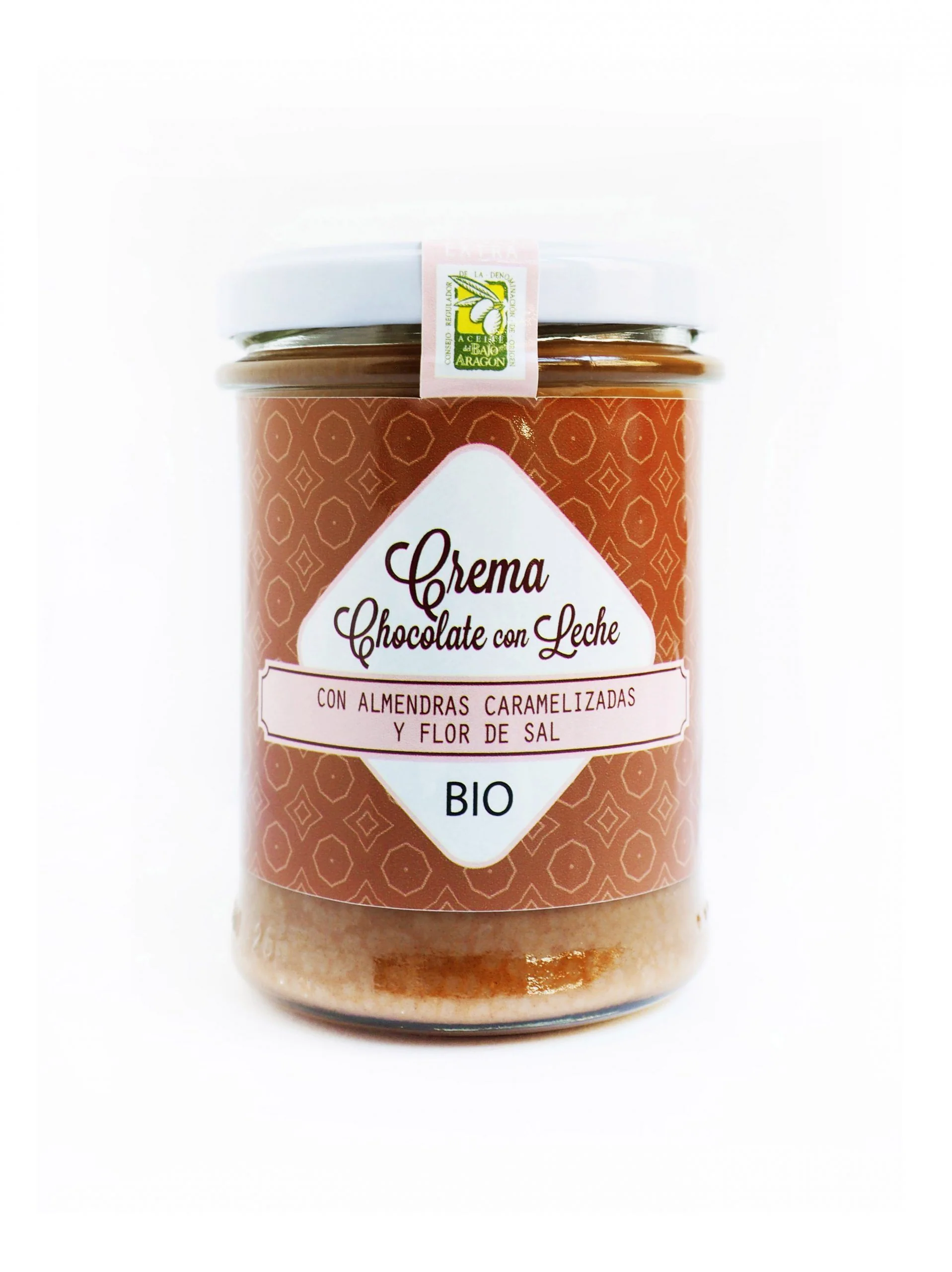 Crema Bio de chocolate con leche, almendras caramelizadas y flor de sal, 200 G. con aceite de oliva virgen extra. - Image 2