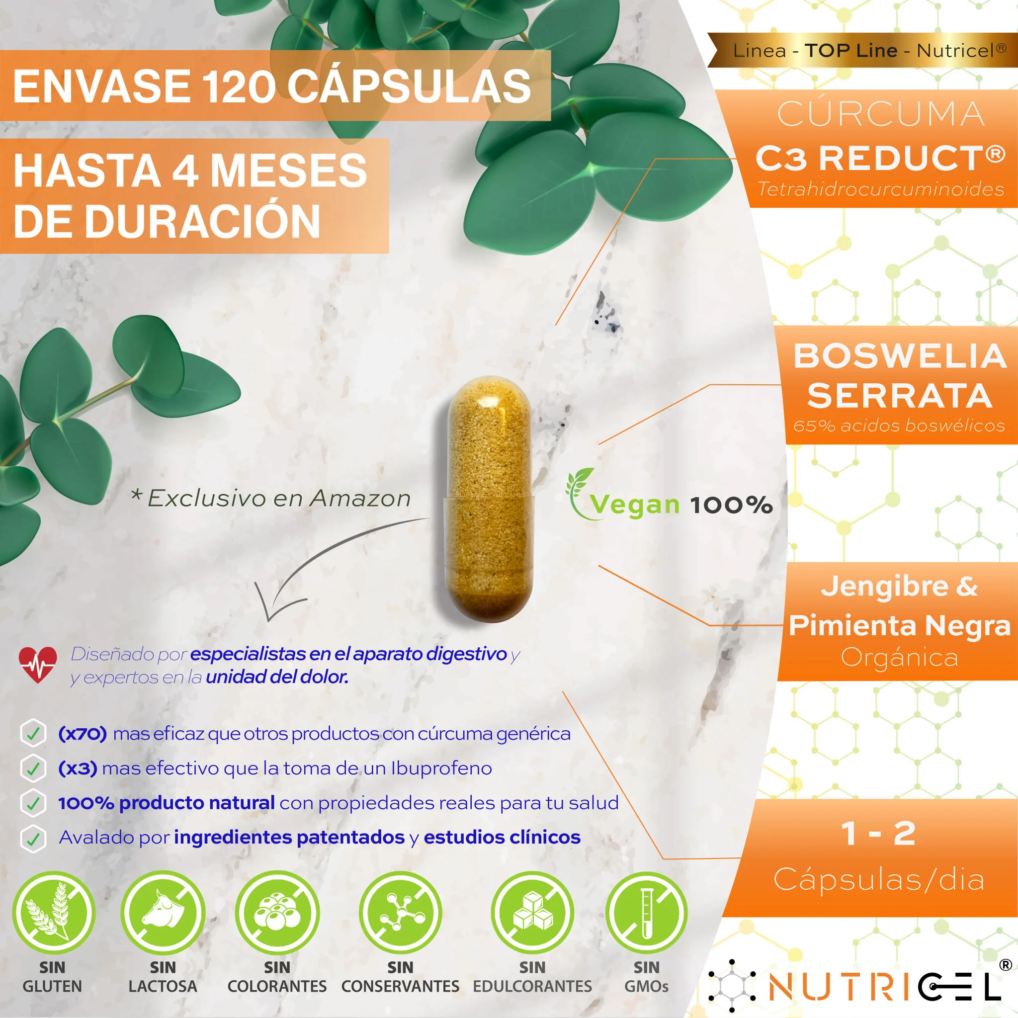 Curcuma C3 Plus Patentada C3 Reduct® + Boswelia Serrata - 120 Cápsulas - Nutricel - Image 4