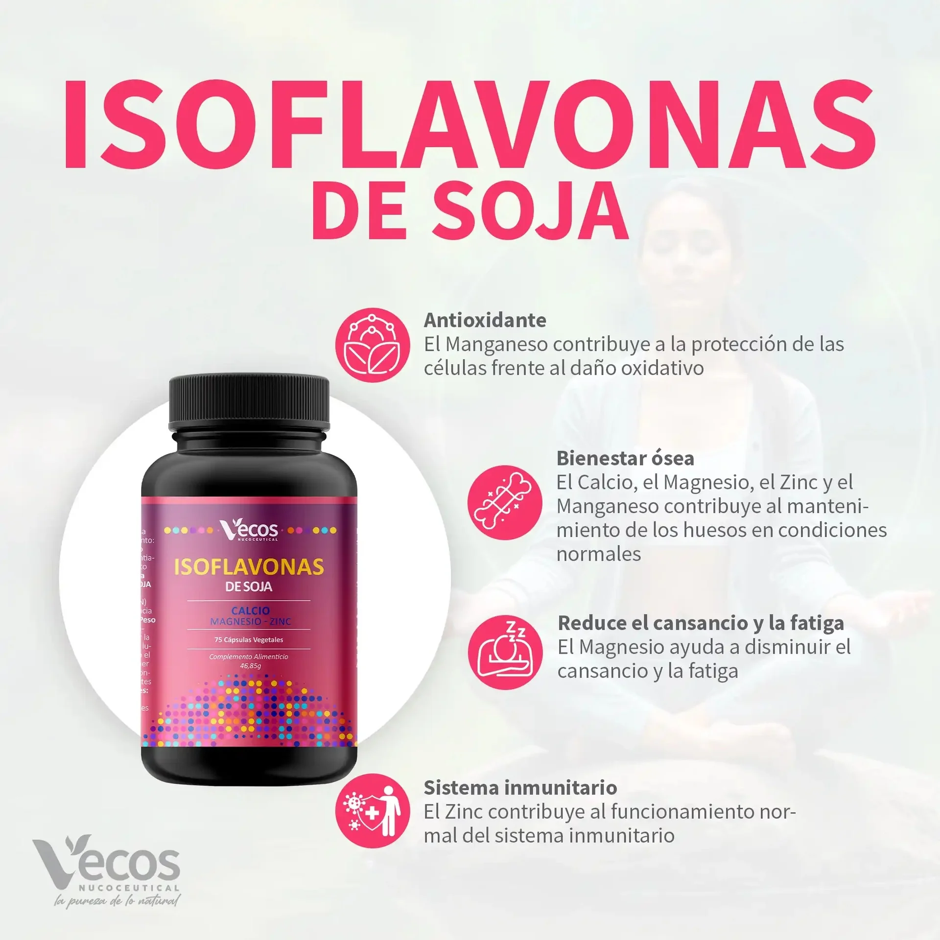 Isoflavonas de soja calcio magnesio zinc Vecos 75 capsulas - Image 3