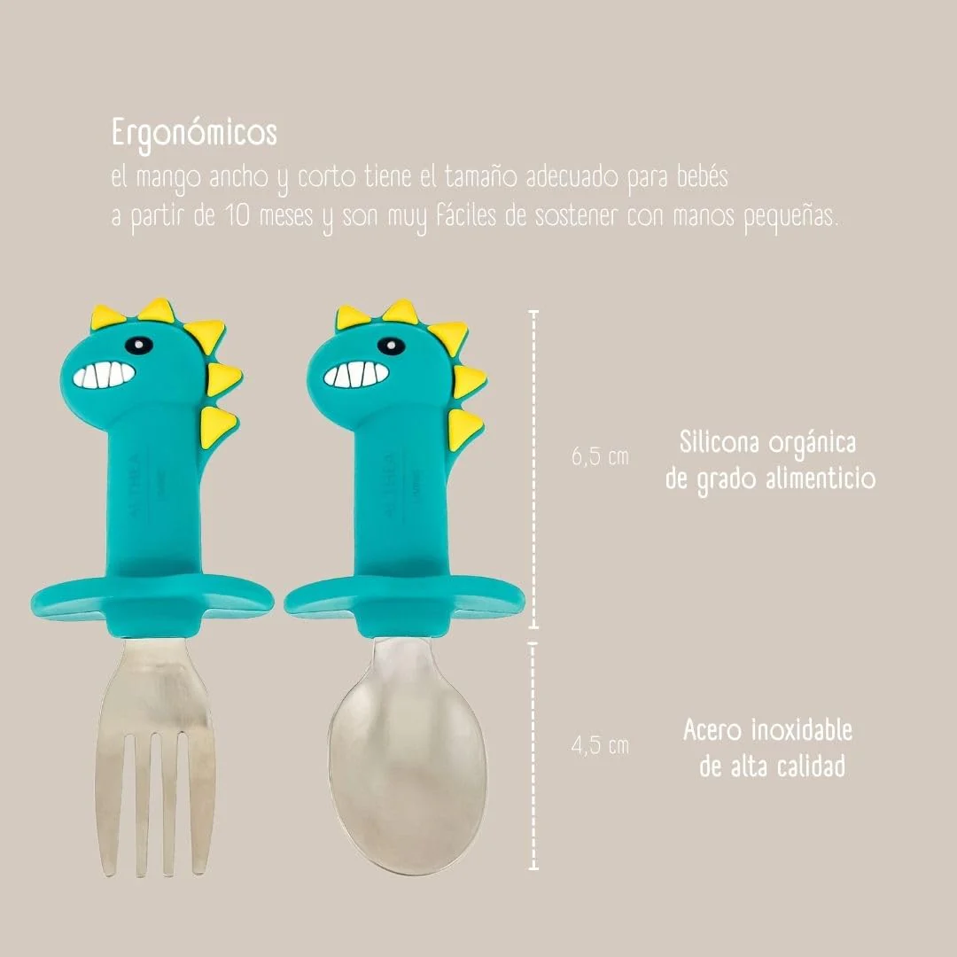 Juego De Cubiertos Ergonómicos Para Bebé Con Forma De Dinosaurio · Set 2 Piezas Althea Living Verde - Image 3
