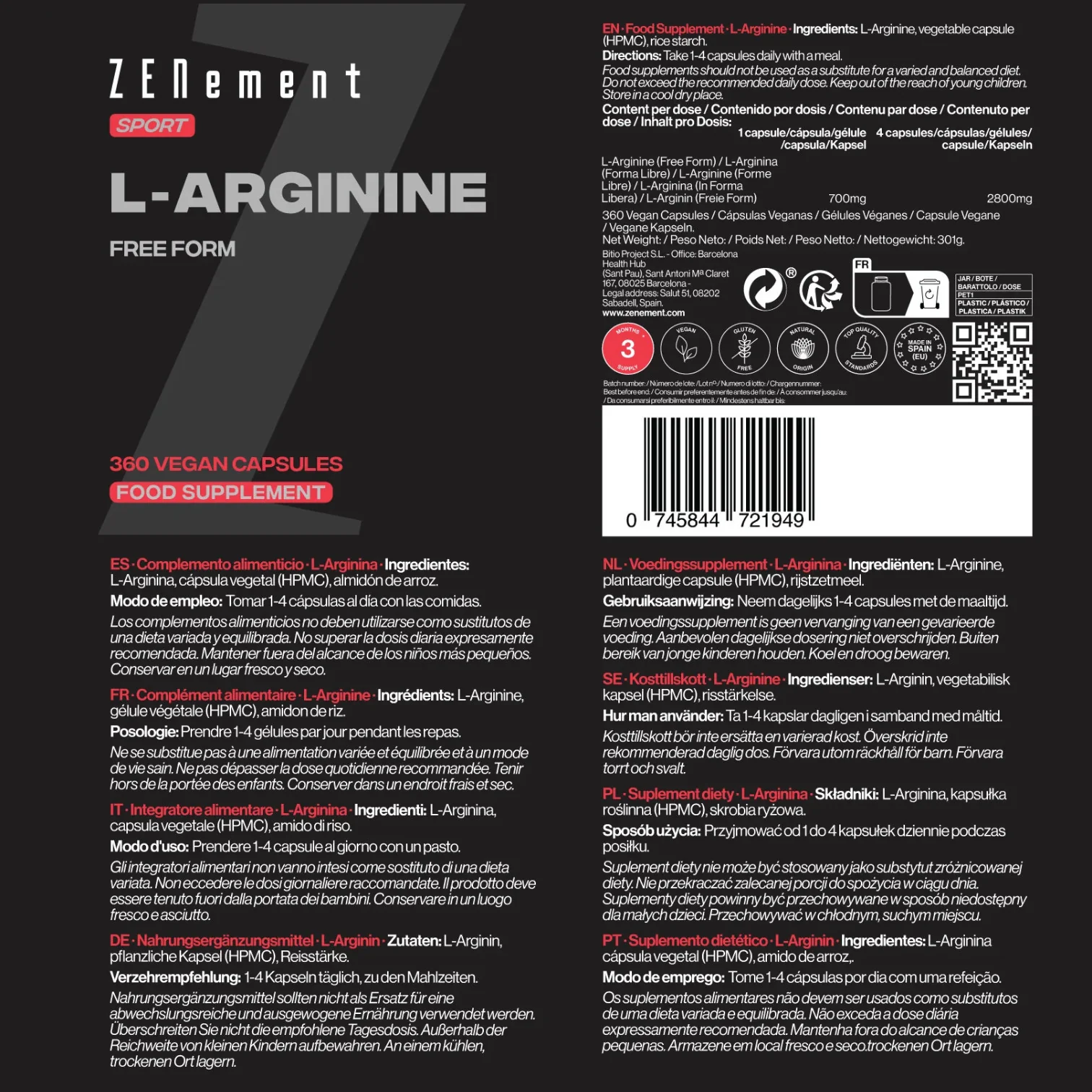 L-Arginina 700 mg Zenement 360 Cápsulas Veganas - Image 4