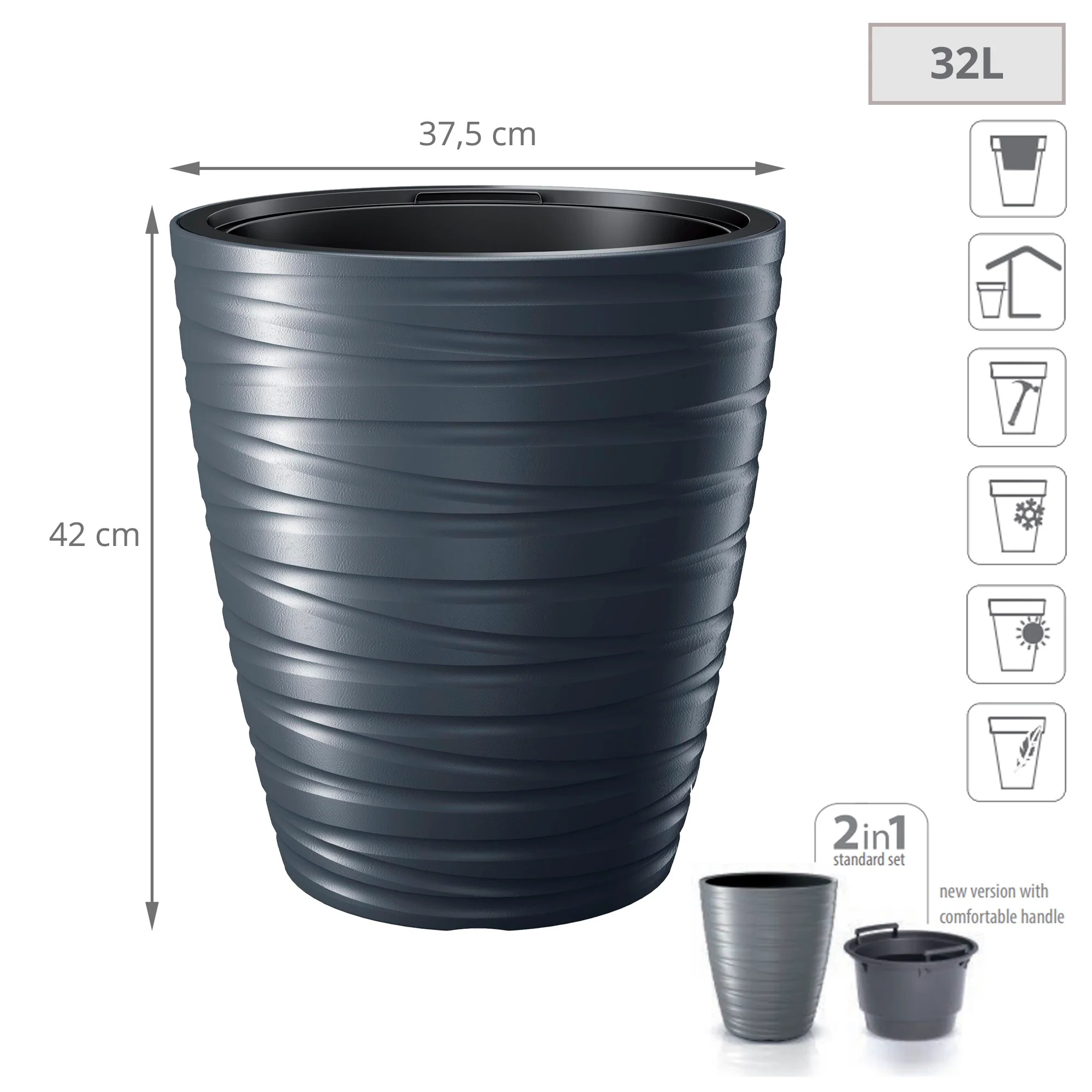 Maceta Con Deposito 32l Maze De Plastico En Color Antracita 37,5 (largo) X 37,5 (ancho) X 41,9 (alto) Cm - Image 2