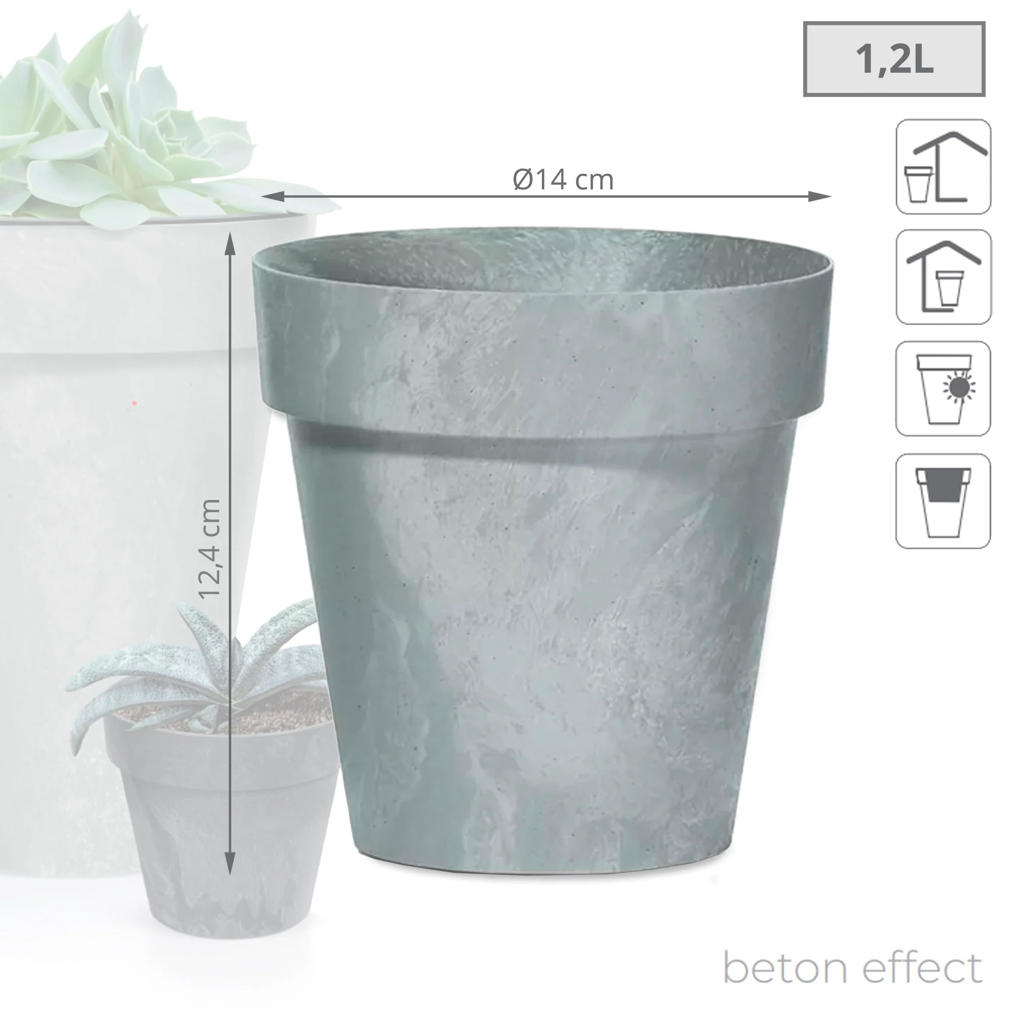 Maceta Cube Beton Effect 1,2l., Dimensiones (mm) 140x140x124, Color Hormigón - Image 3