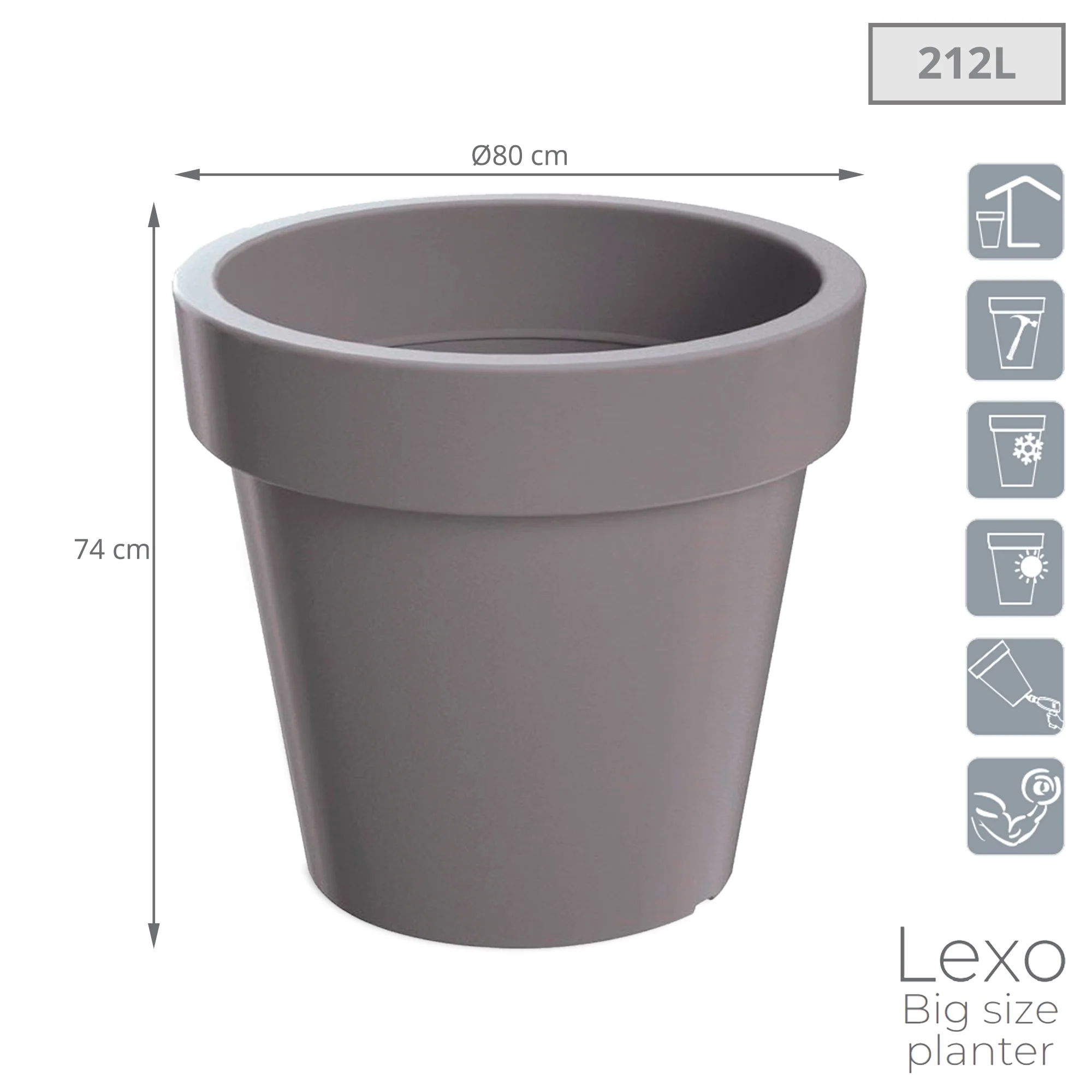 Maceta Lexo Round 212l., Dimensiones (mm) 800x800x740, Color Gris Piedra - Image 3