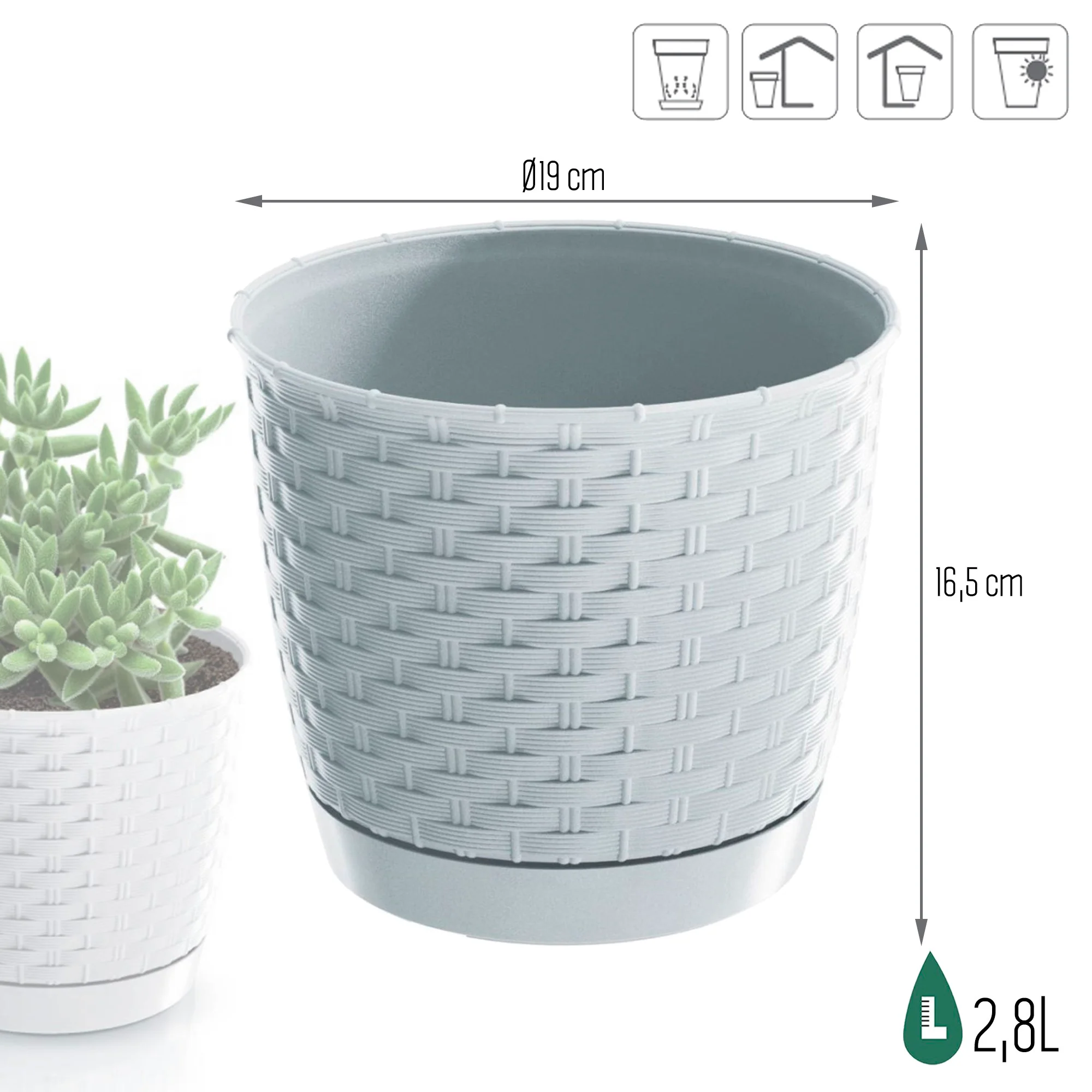 Maceta Ratolla Round 2,8l., Dimensiones (mm) 190x190x165, Color Blanco - Image 3