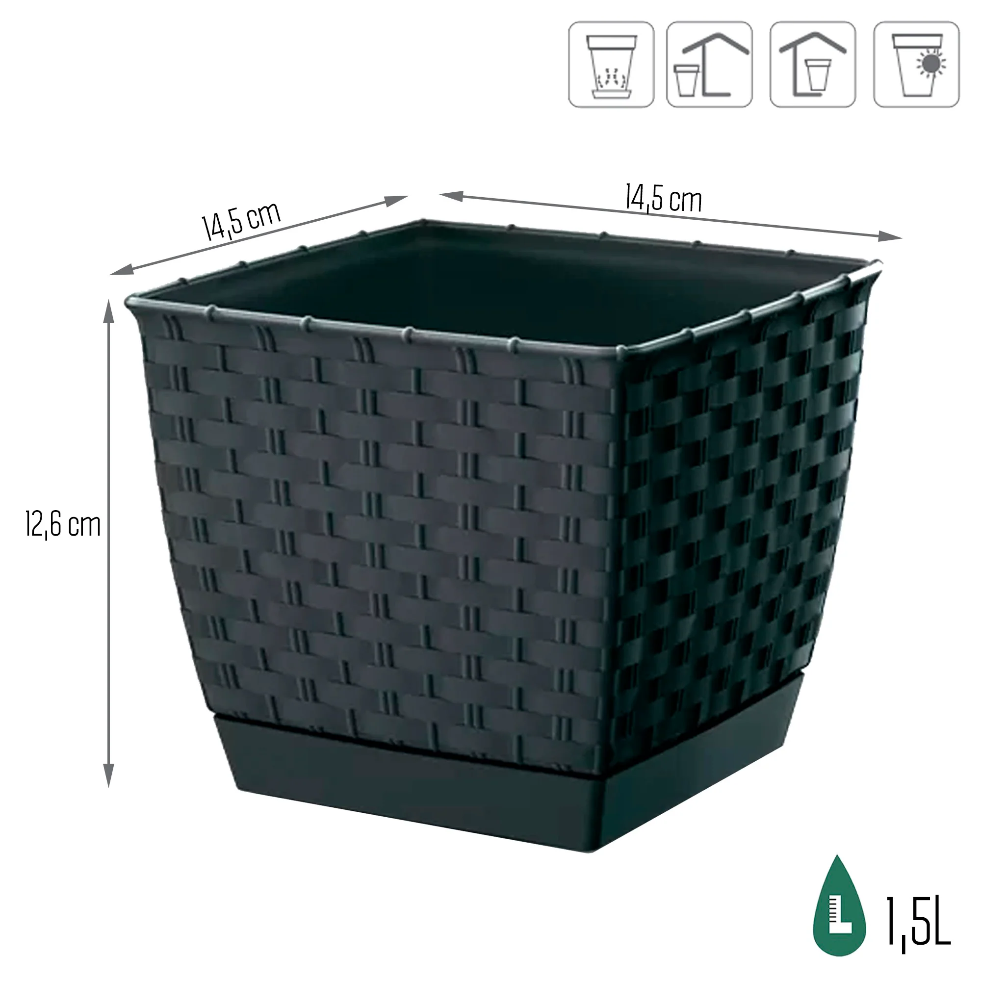 Maceta Ratolla Square 1,5l., Dimensiones (mm) 145x145x126, Color Antracita - Image 3