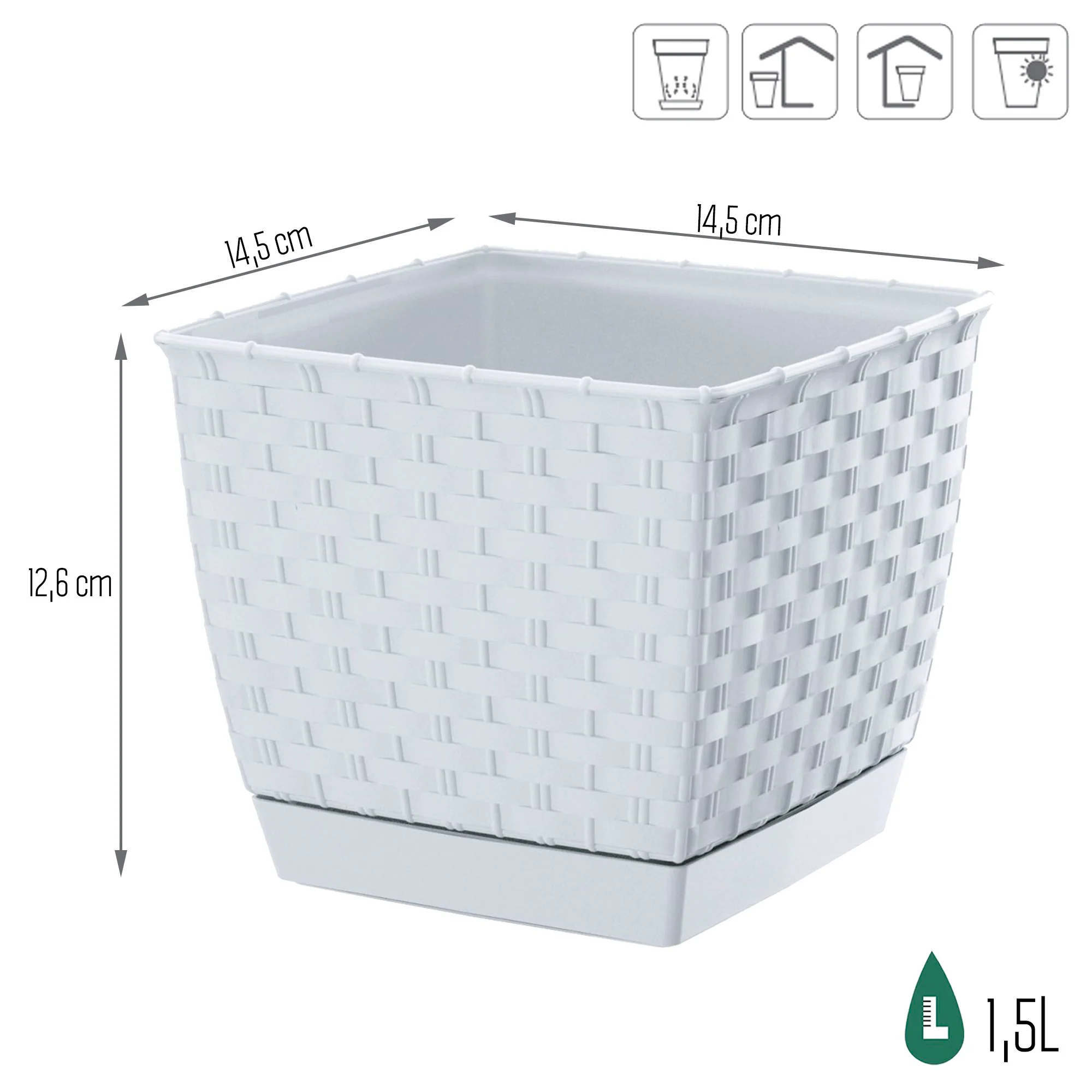 Maceta Ratolla Square 1,5l., Dimensiones (mm) 145x145x126, Color Blanco - Image 3