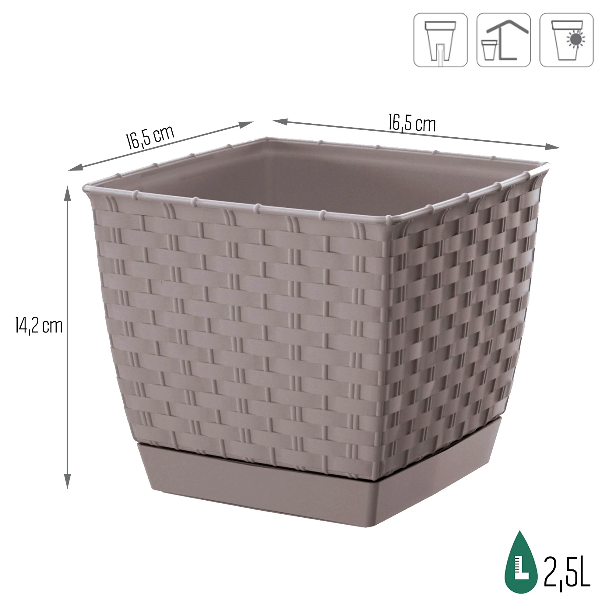 Maceta Ratolla Square 2,5l., Dimensiones (mm) 165x165x142, Color Mocca - Image 3