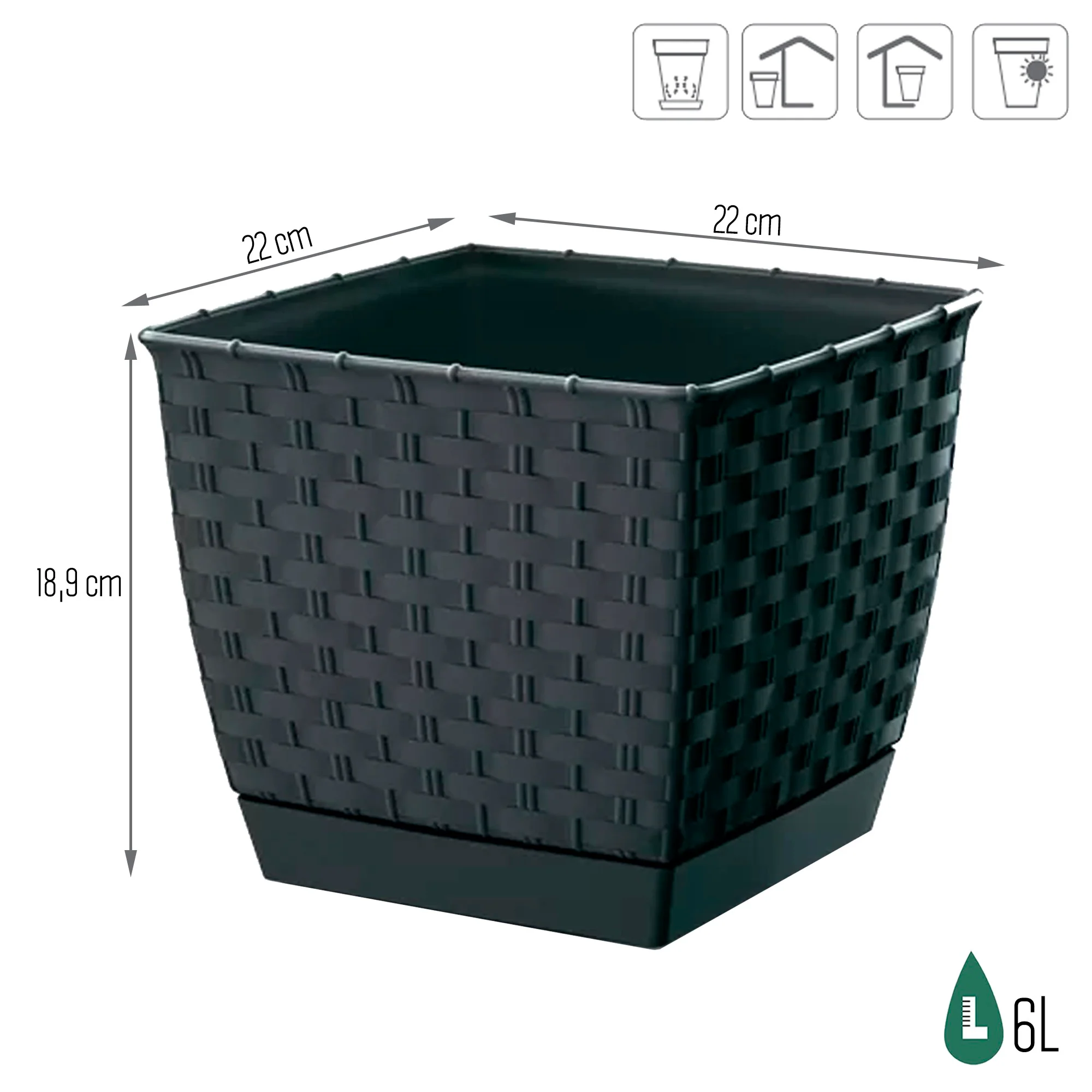 Maceta Ratolla Square 6l., Dimensiones (mm) 220x220x189, Color Antracita - Image 3