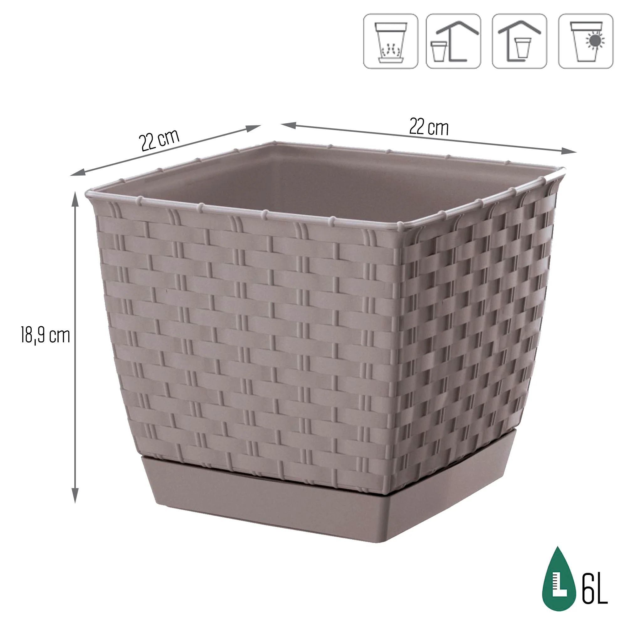Maceta Ratolla Square 6l., Dimensiones (mm) 220x220x189, Color Mocca - Image 3