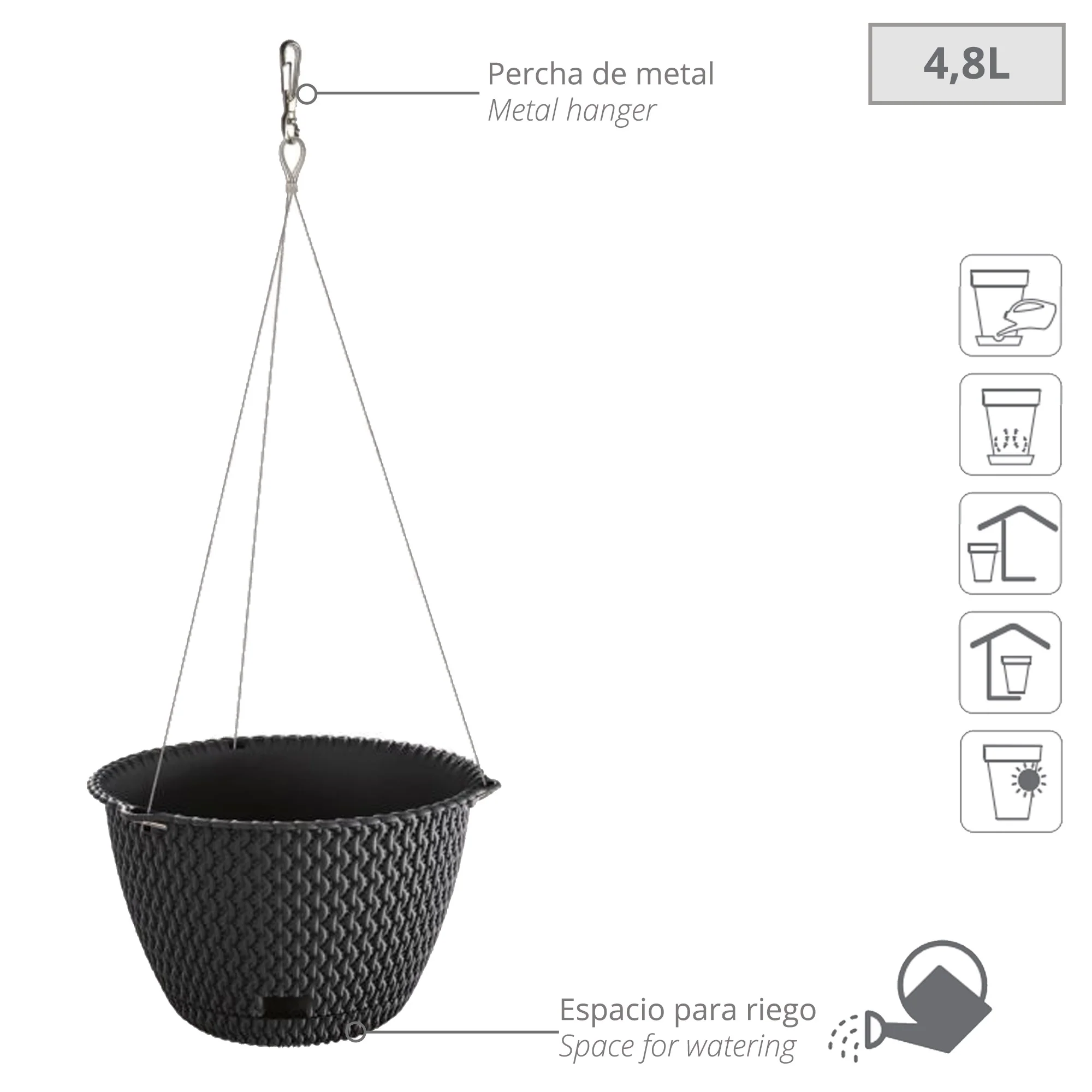 Maceta Redonda Colgante 4,8l Prosperplast Splofy Round Ws De Plastico En Color Antracita, Ø27 X 16,6 Cm - Image 2
