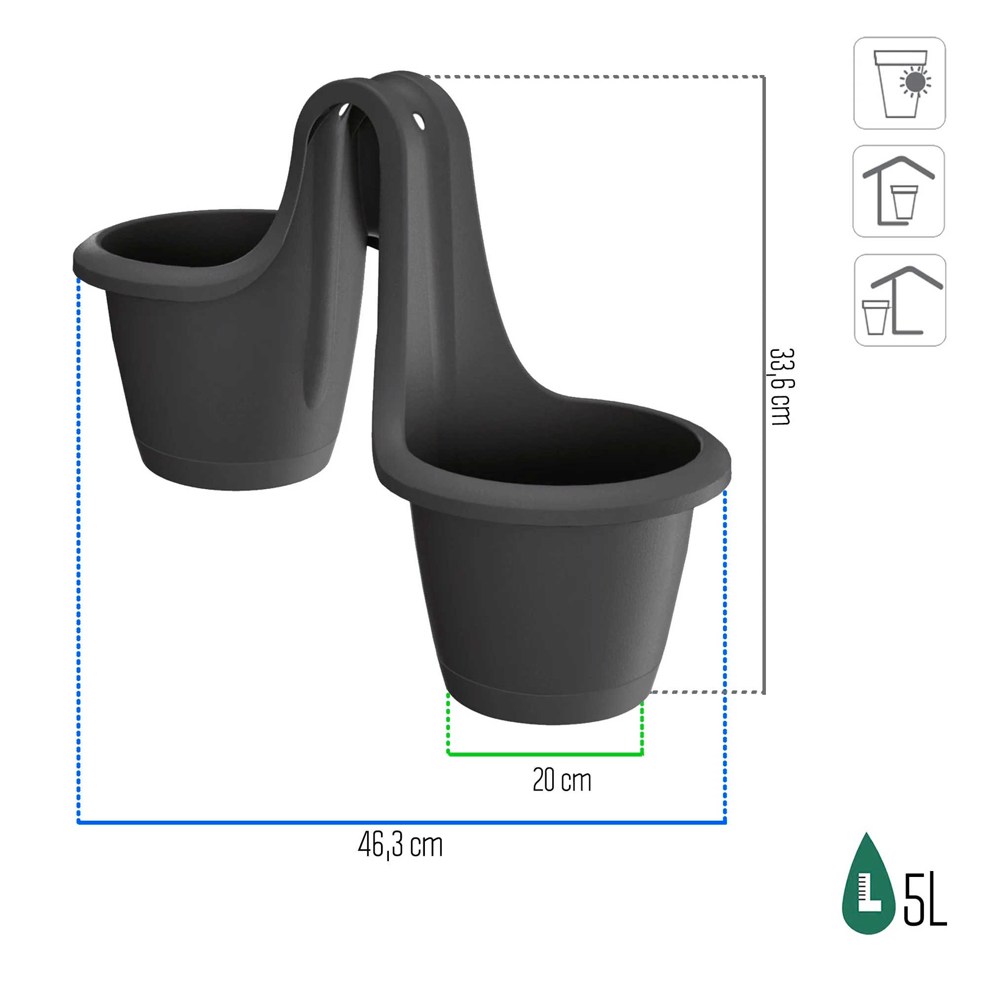 Maceta Respana Railing 13l., Dimensiones (mm) 398x298x209, Color Antracita - Image 3