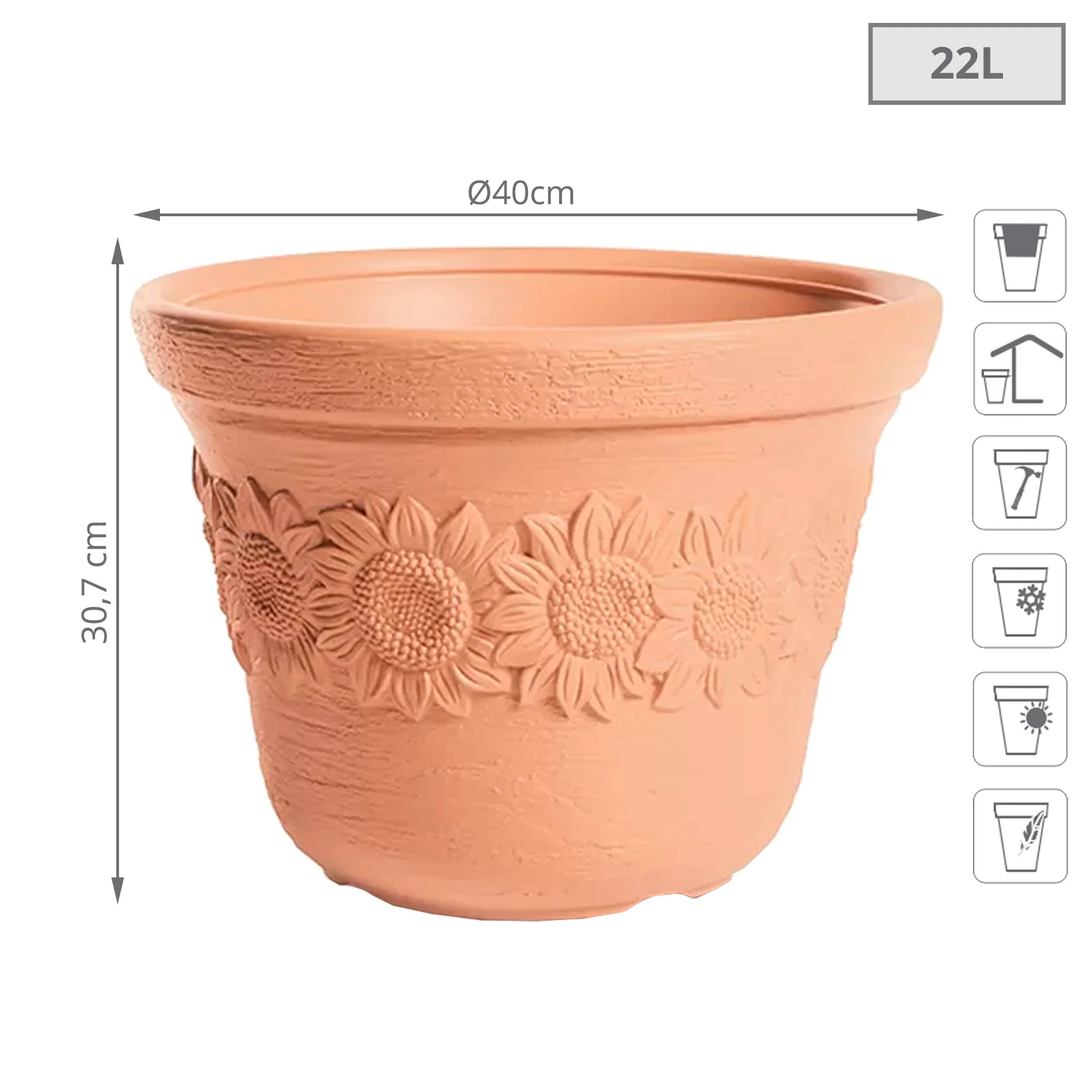 Maceta Sunny 22l., Dimensiones (mm) 400x400x307, Color Ladrillo - Image 2
