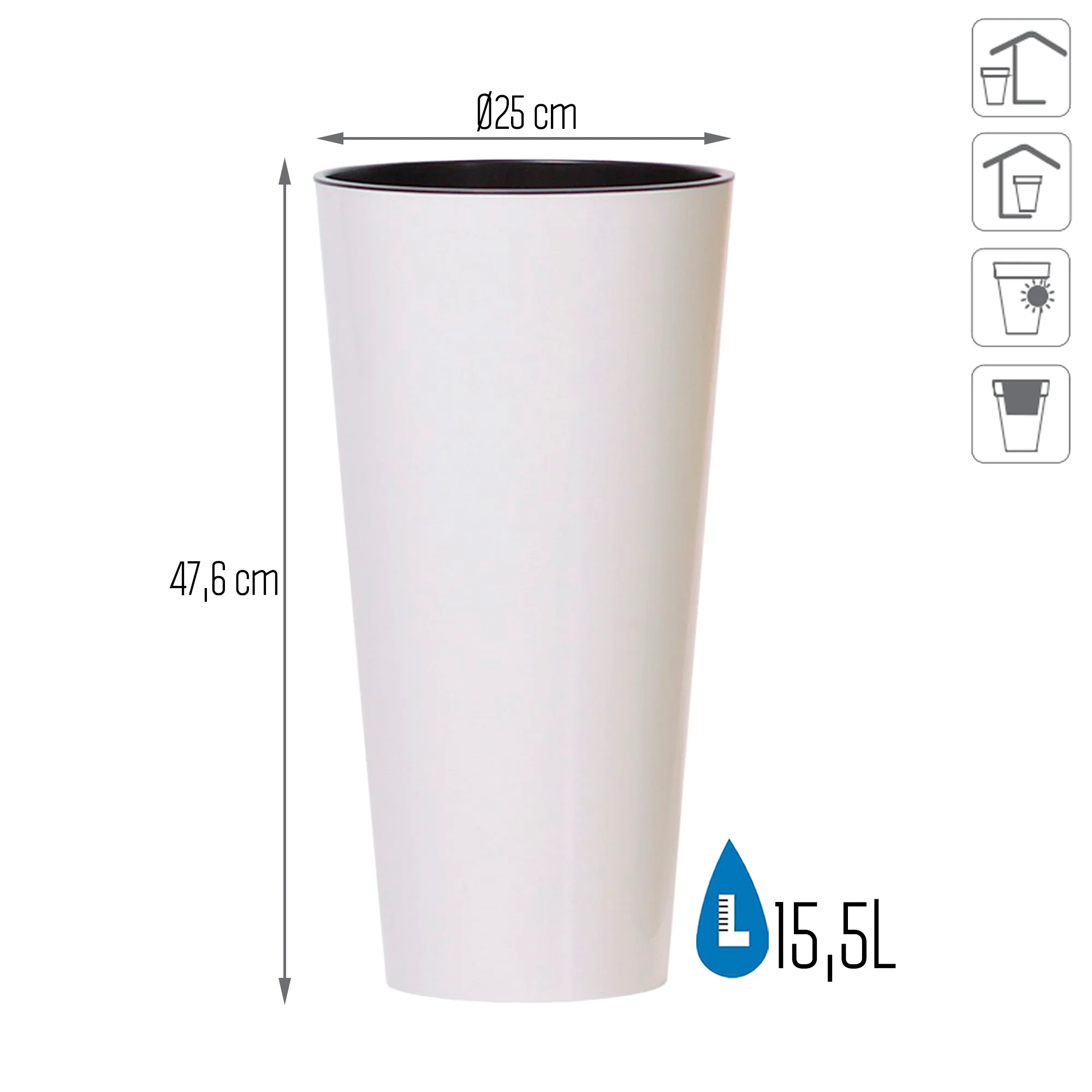 Maceta Tubus Slim 15,5l., Dimensiones (mm) 250x250x476, Color Blanco - Image 3