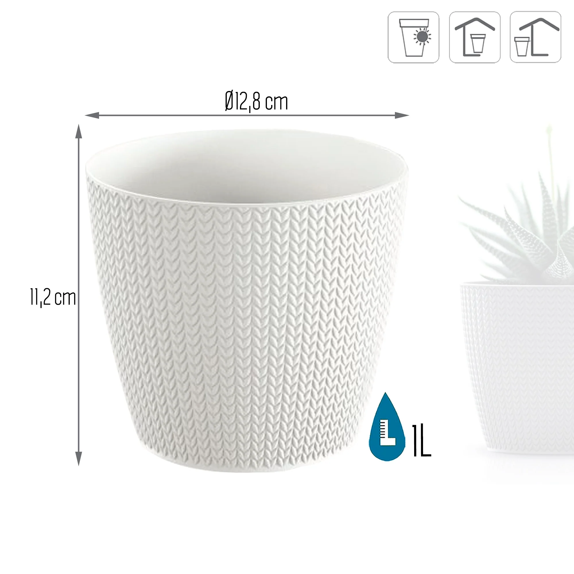 Maceta Wheaty 1l., Dimensiones (mm) 128x128x112, Color Blanco - Image 3