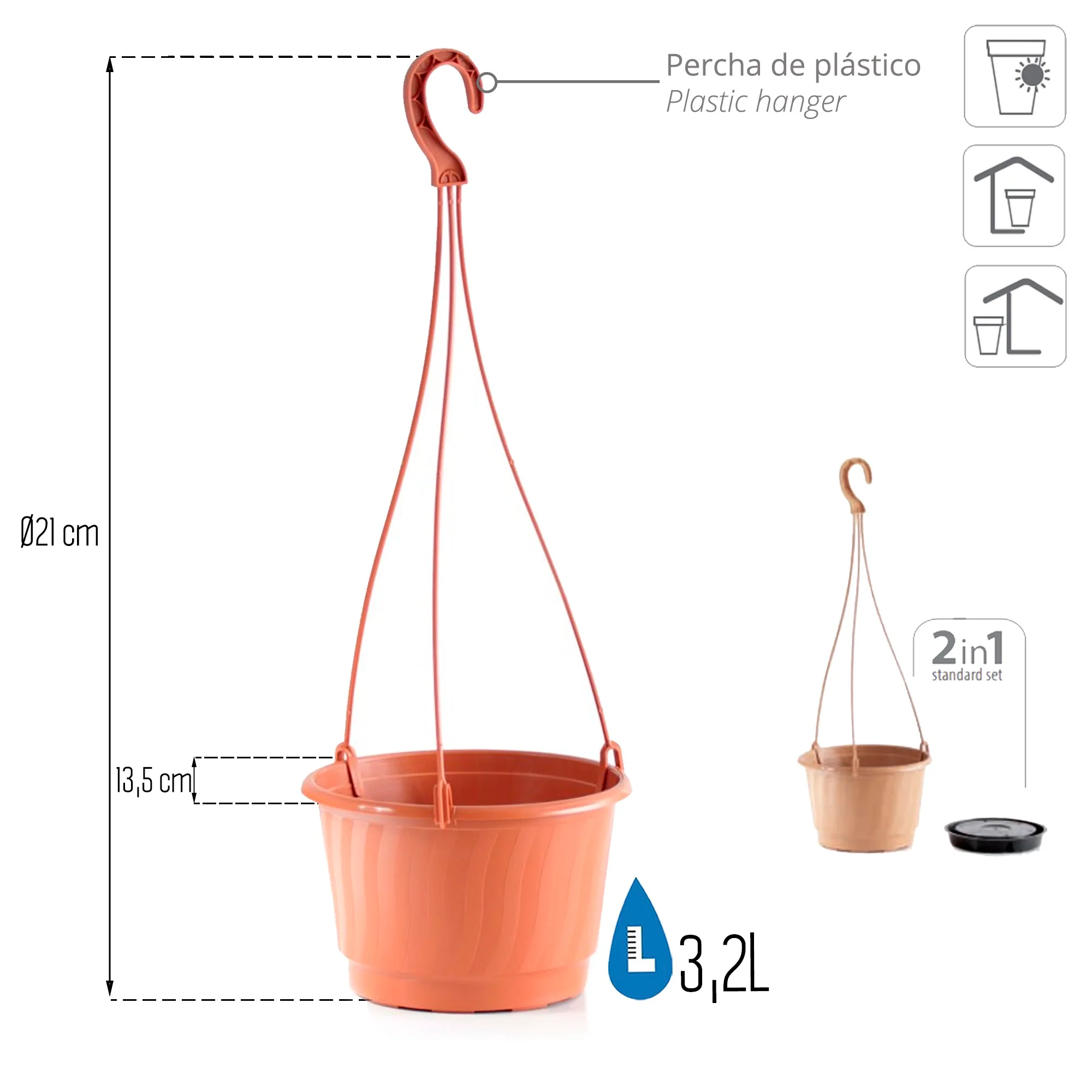 Macetero Colgante Pro 3,2l., Dimensiones (mm) 210x210x135, Color Terracota - Image 3