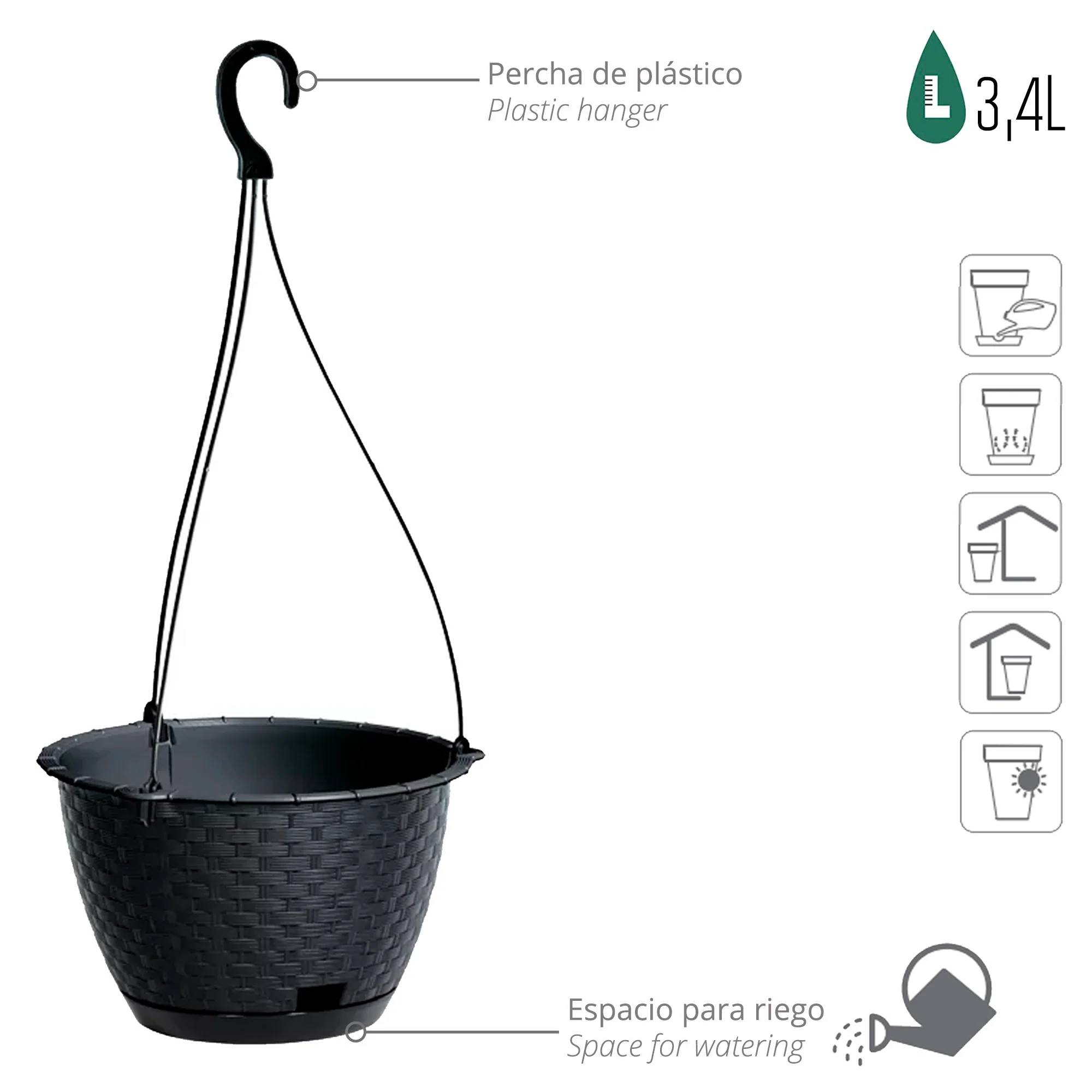 Macetero Colgante Ratolla Round W 3,4l., Dimensiones (mm) 217x217x142, Color Antracita - Image 3