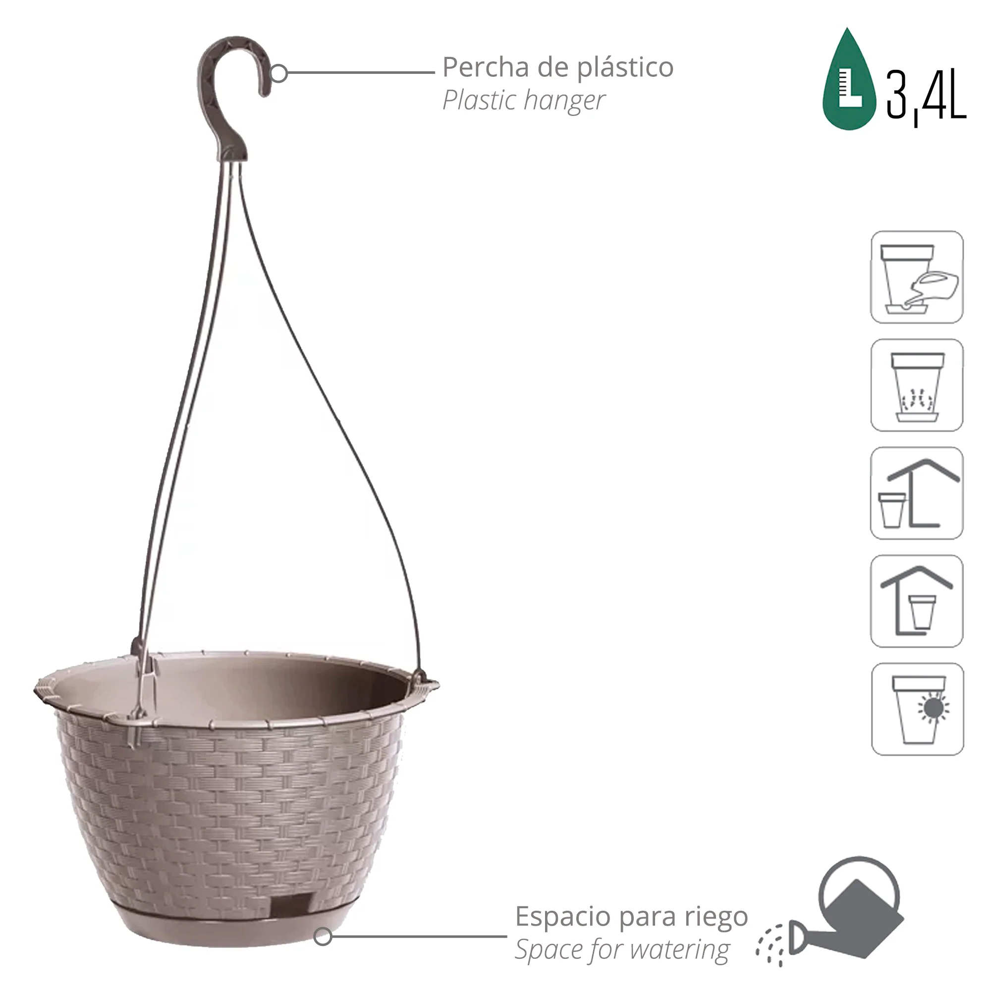 Macetero Colgante Ratolla Round W 3,4l., Dimensiones (mm) 217x217x142, Color Mocca - Image 3