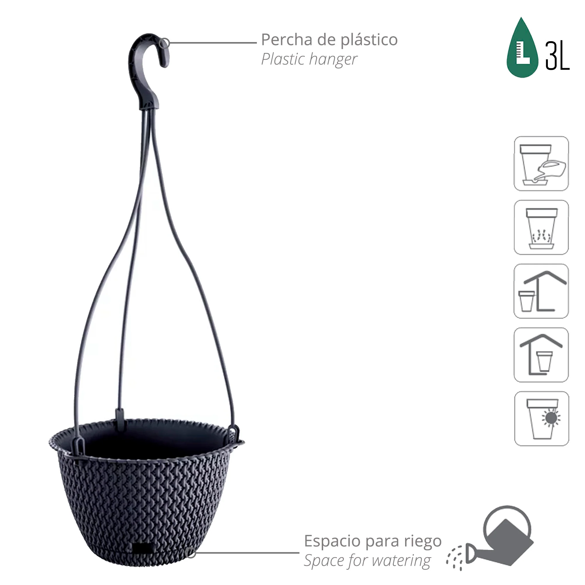 Macetero Colgante Splofy Round W 3l., Dimensiones (mm) 230x230x145, Color Antracita - Image 3