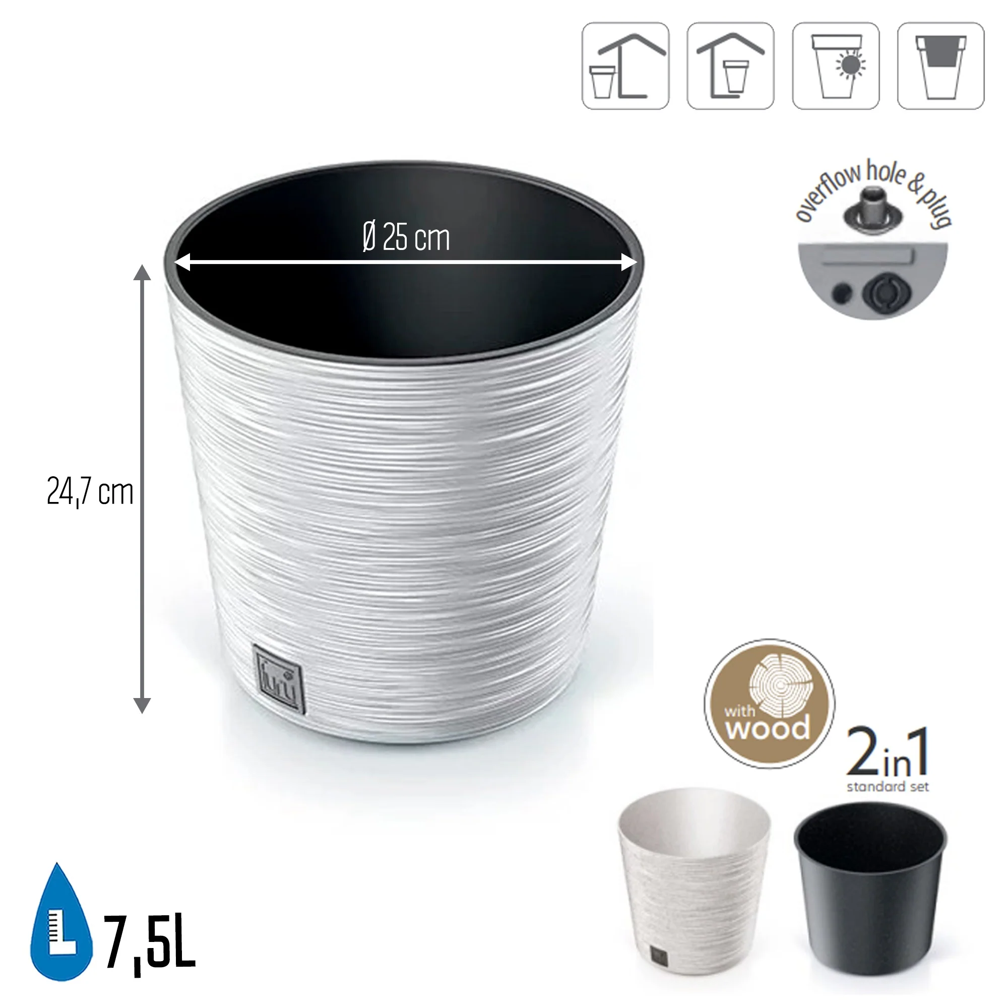 Macetero Color Blanco, Con Depósito, Colección Furu, De 25 X 25 X 24,7 Cm, Capacidad De 7,5 L. - Image 2