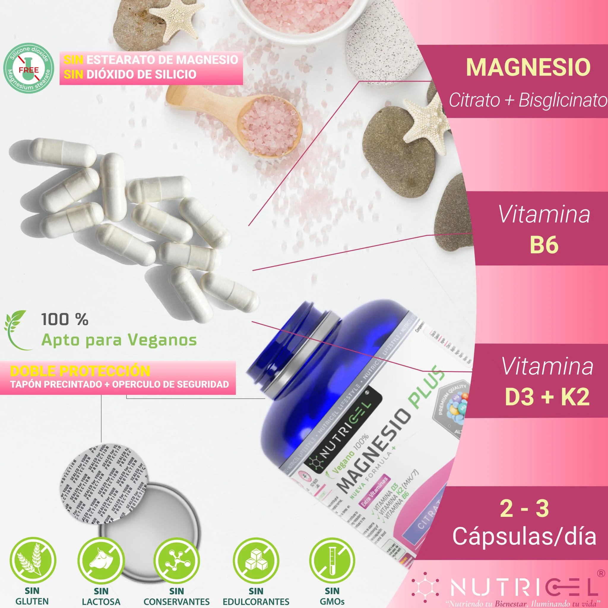 Magnesio Con Bisglicinato Y Citrato + Vitamina D3 Y K2 - 180 Cápsulas - Nutricel - Image 3