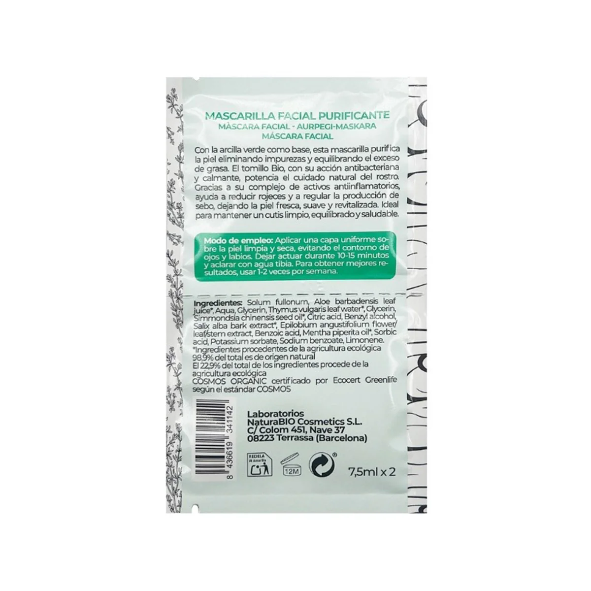 Mascarilla facial purificante Naturabio 2 x 7,5 ml - Image 2