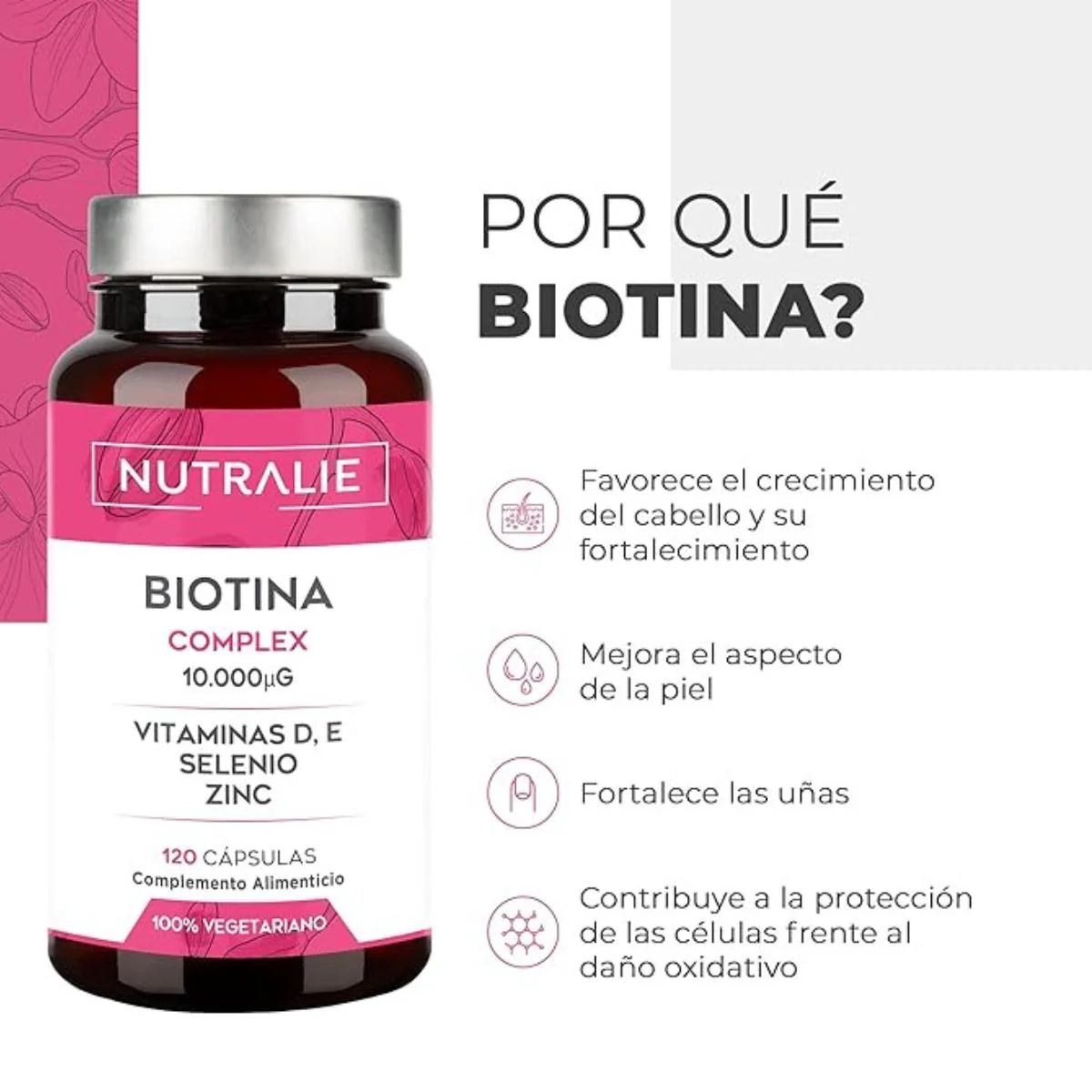 Pack 2x Nutralie Biotina complex 10000 mcg pelo, piel, uñas, 120 cápsulas - Image 2