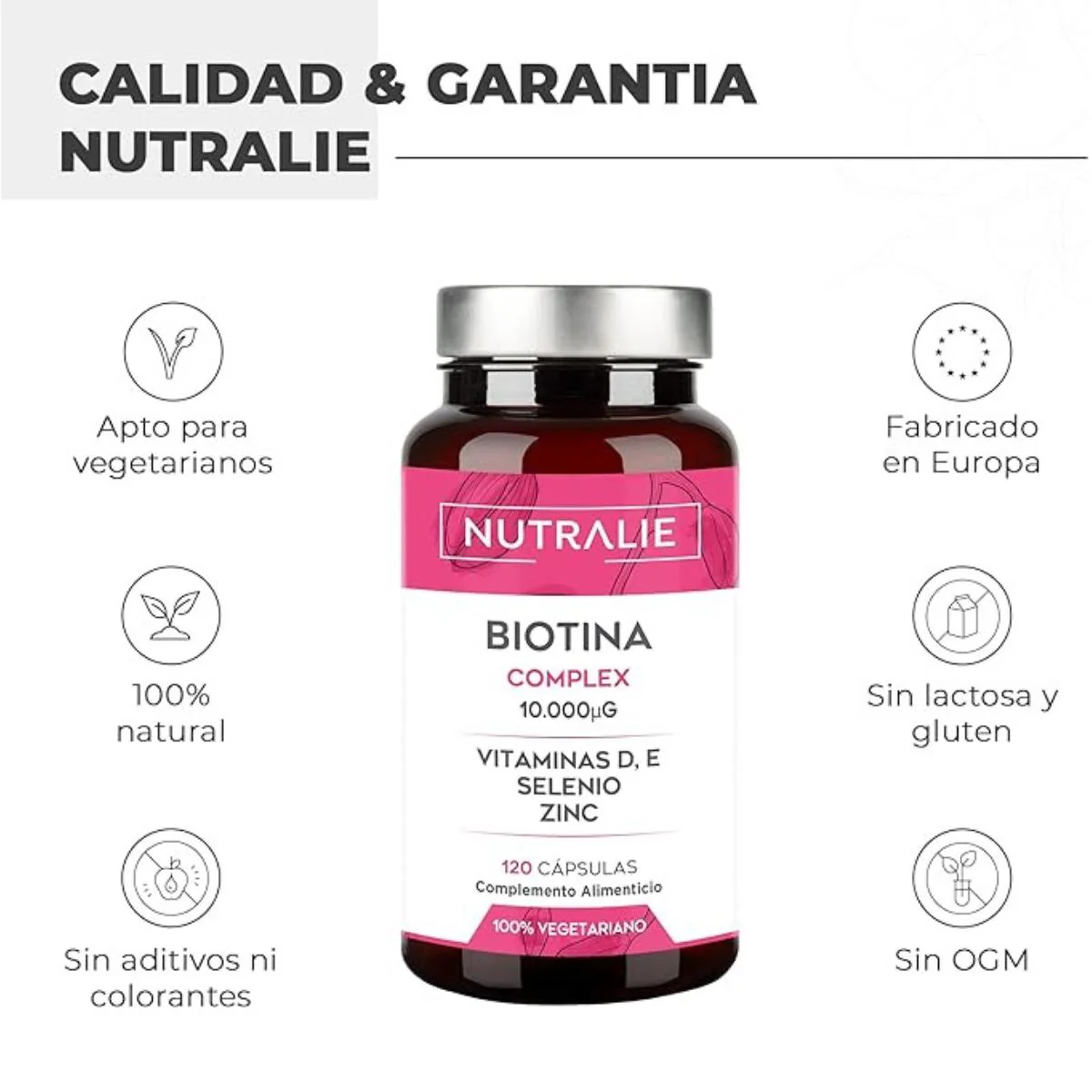 Pack 2x Nutralie Biotina complex 10000 mcg pelo, piel, uñas, 120 cápsulas - Image 3