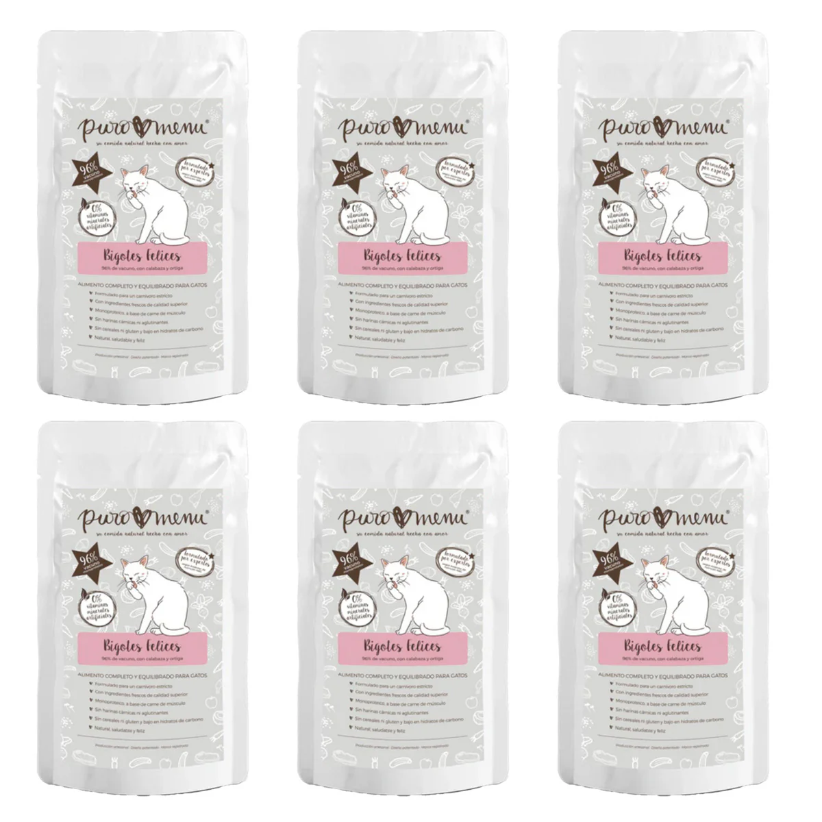 Pack Bigotes Felices (Vacuno) BIO Puromenu 6x100 g Comida húmeda Barf gatos
