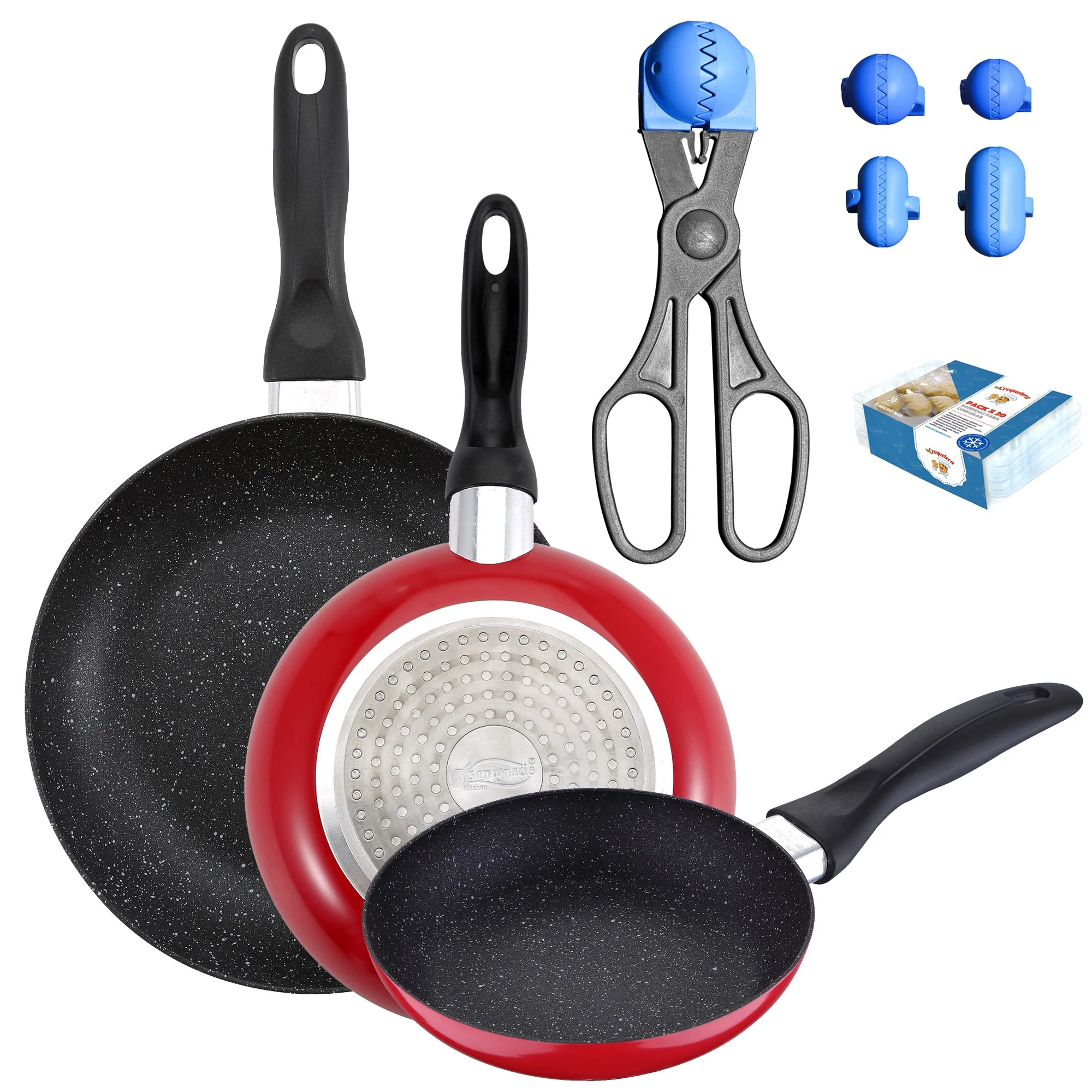 Pack De 3 Sartenes San Ignacio Ø16cm Ø20cm Ø24cm + Utensilio Multiusos Con 4 Moldes Intercambiables + 20 Bandejas De Conservación