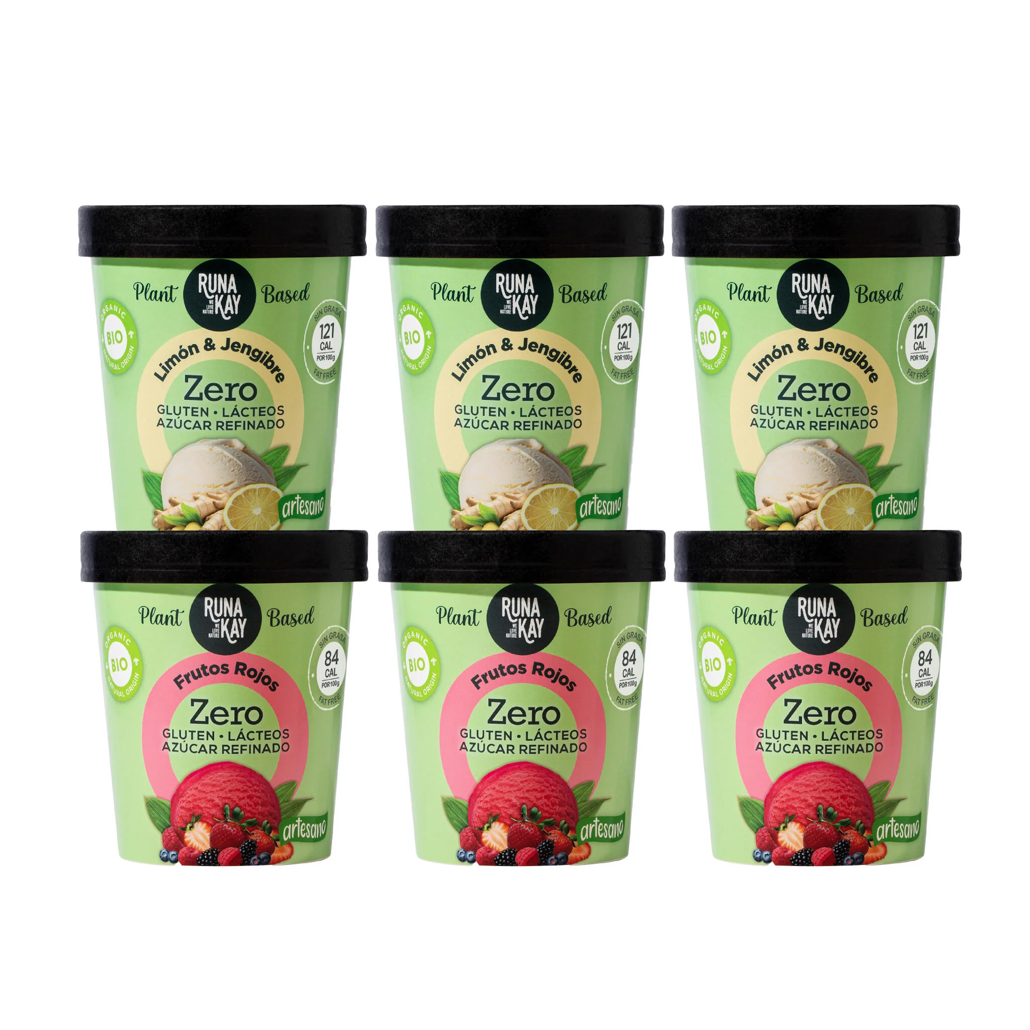 Pack Mix Helado Artesano Eco Sin Gluten Ni Azúcar Refinado De Limón & Jengibre Frutos Rojos Runakay 6x460ml/400g