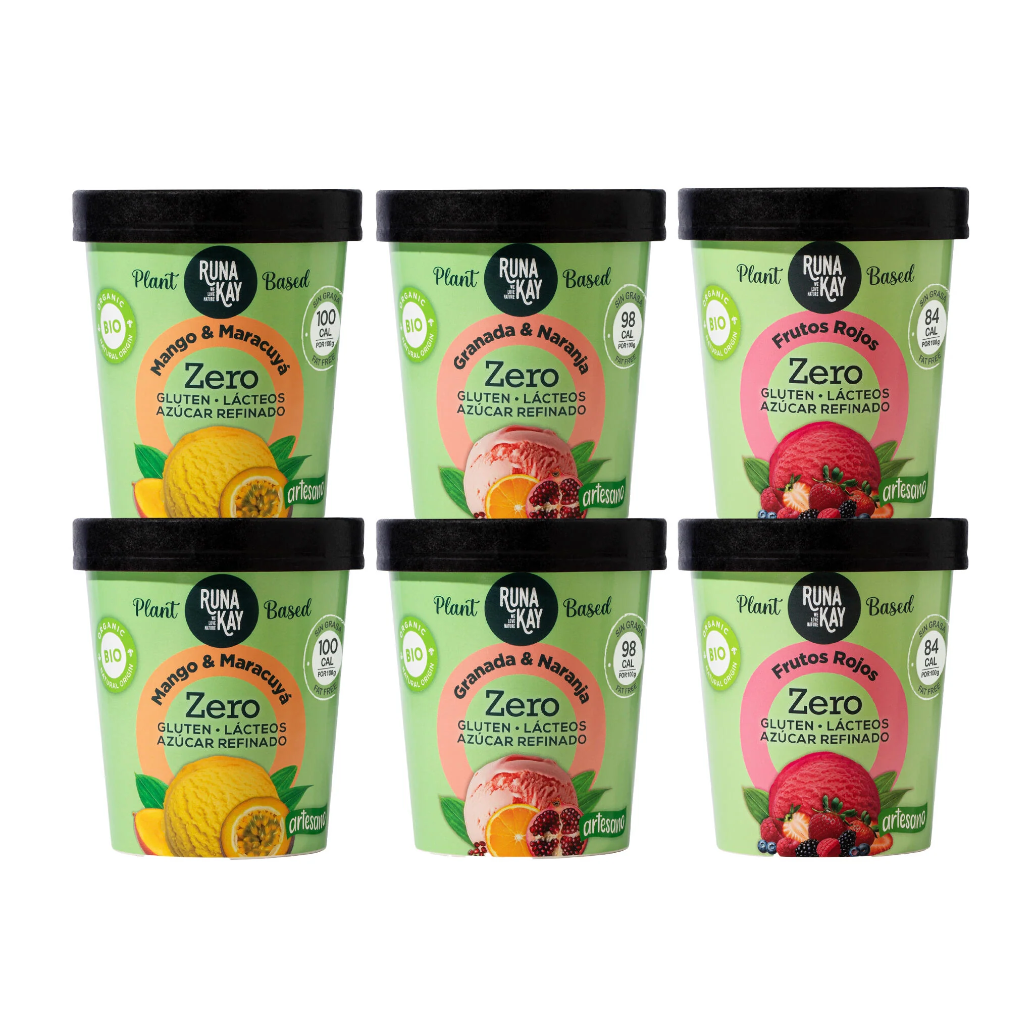 Pack Mix Helado Artesano Eco Sin Gluten Ni Azúcar Refinado Mango&Maracuyá Granada&Naranja Frutos Rojos Runakay 6x460