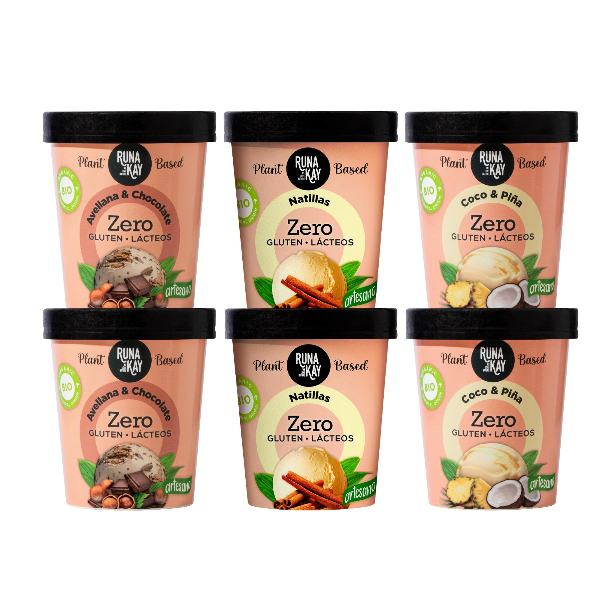 Pack Mix Helado Artesano Eco Sin Gluten Ni Lácteos Avellana&Choco Coco&Piña Natillas Runakay 6x460ml/400g