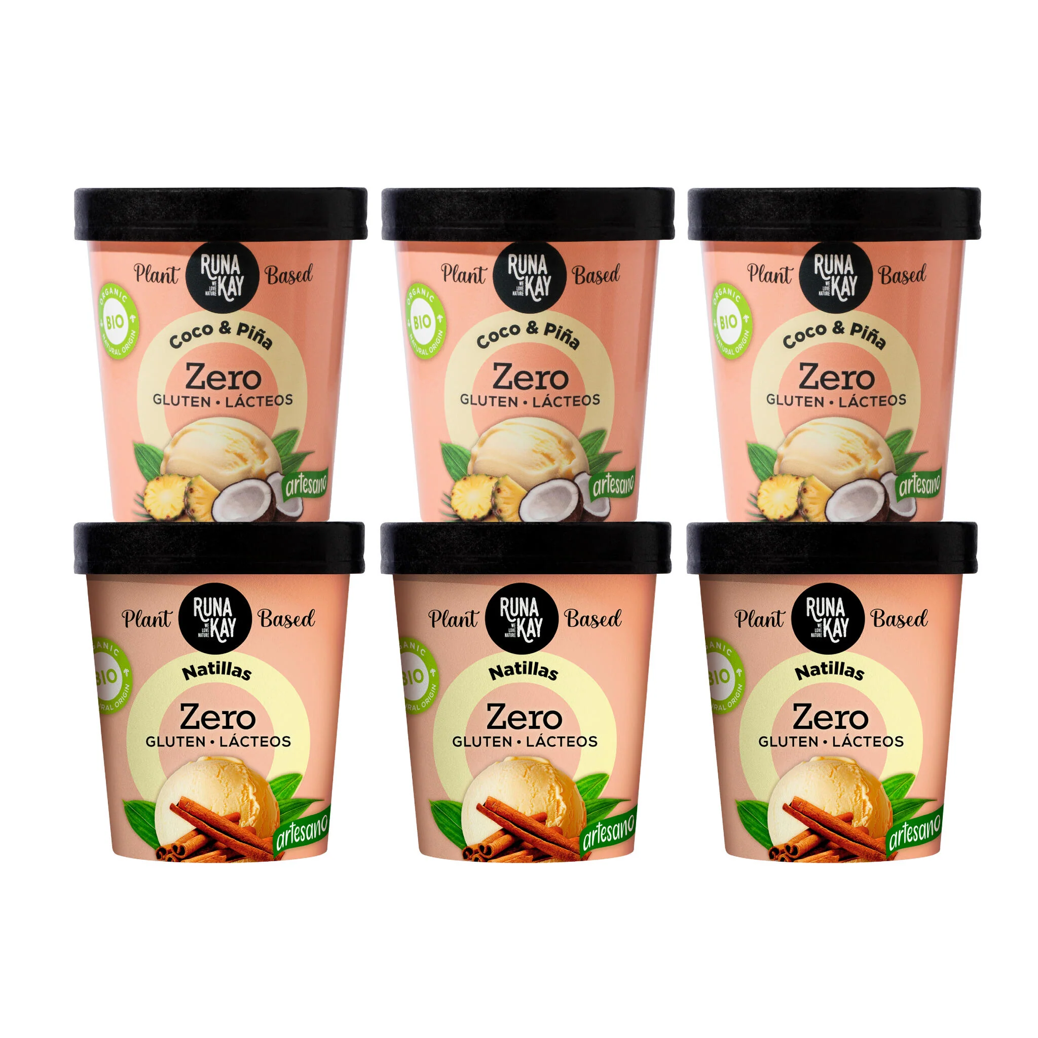 Pack Mix Helado Artesano Eco Sin Gluten Ni Lácteos Coco&Piña, Natillas Runakay 6x460ml/400g